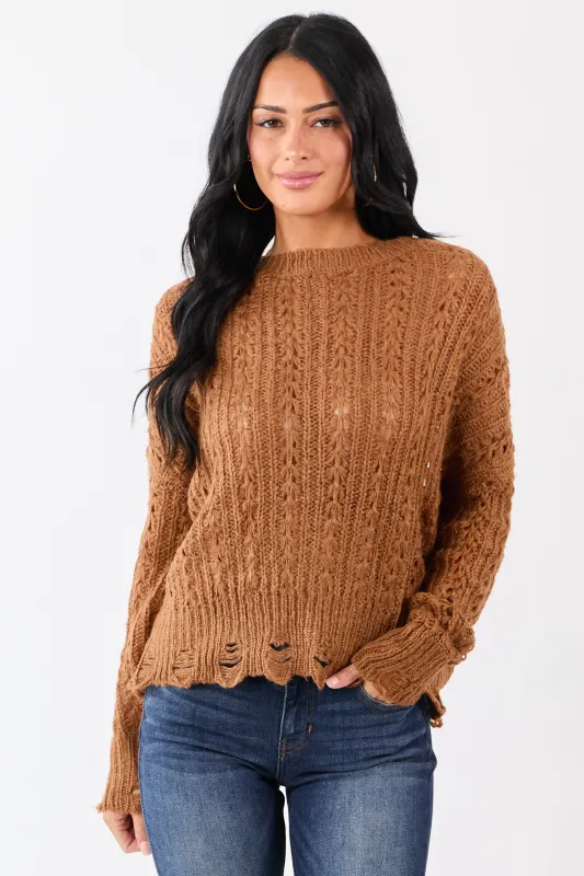 Caramel Distressed Open Knit Drop Shoulder Sweater sold by Lime Lush