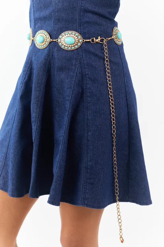 Gold Concho Disc Turquoise Stud Chain Belt sold by Lime Lush