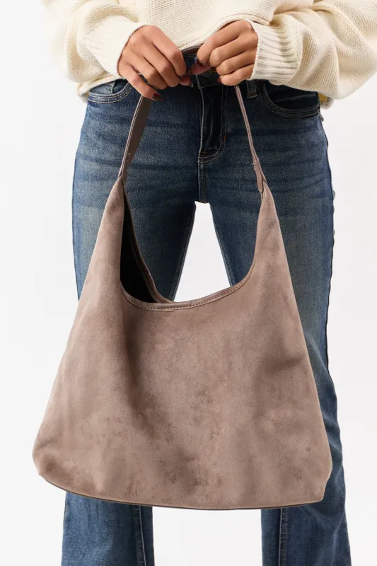 Light Taupe Faux Suede Flat Bottom Tote Bag sold by Lime Lush