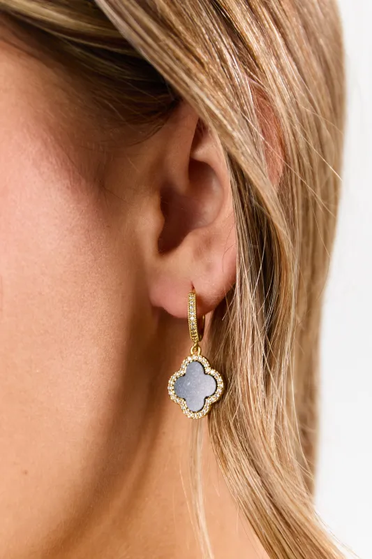 Black Clover Charm Rhinestone Huggie Drop Earrings sold by Lime Lush