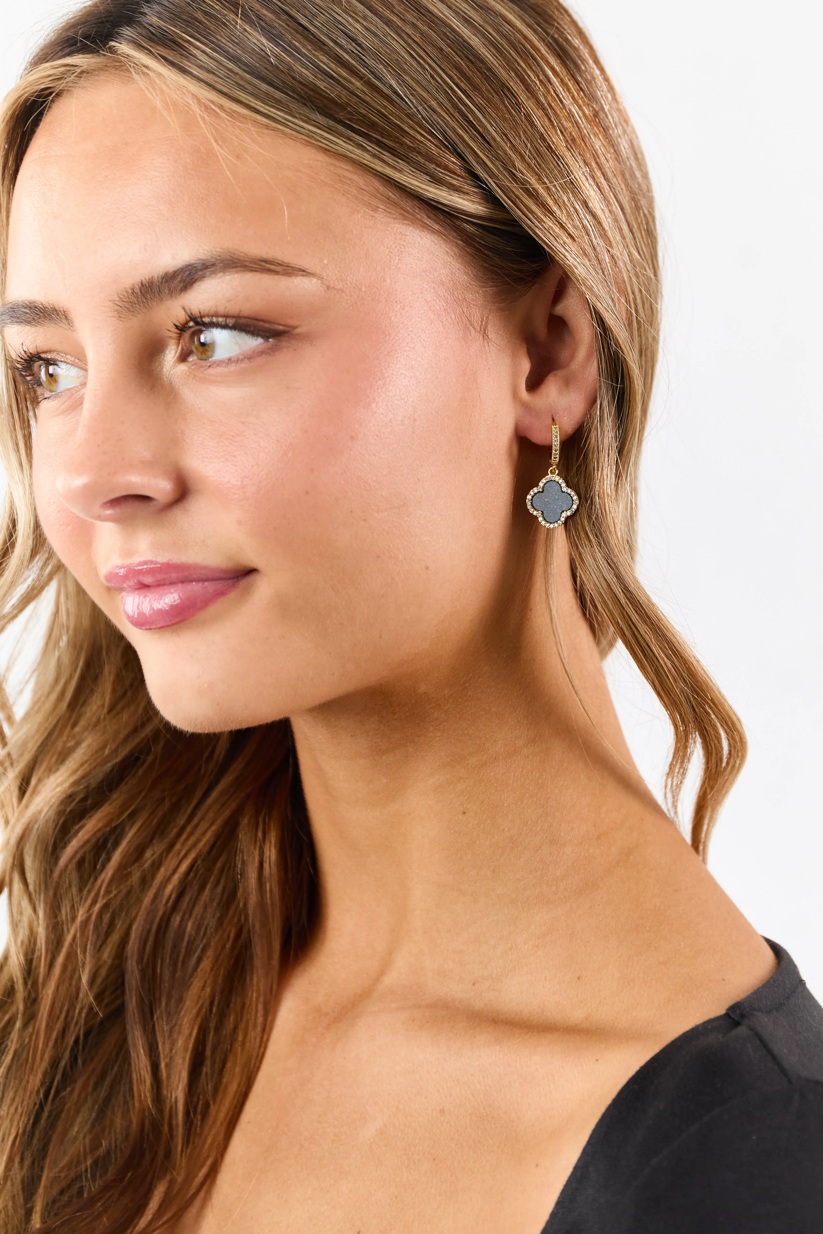 Black Clover Charm Rhinestone Huggie Drop Earrings sold by Lime Lush product image thumbnail 2