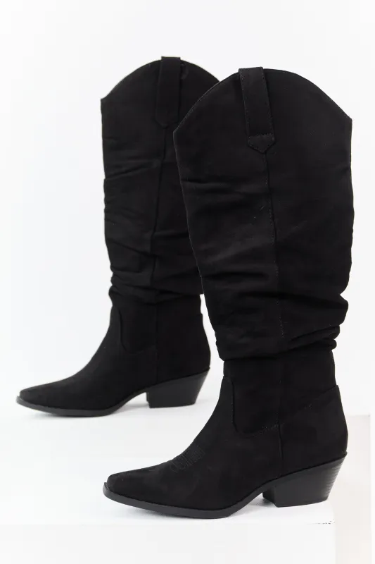 Black Microsuede Western Style Slouch Tall Boots sold by Lime Lush
