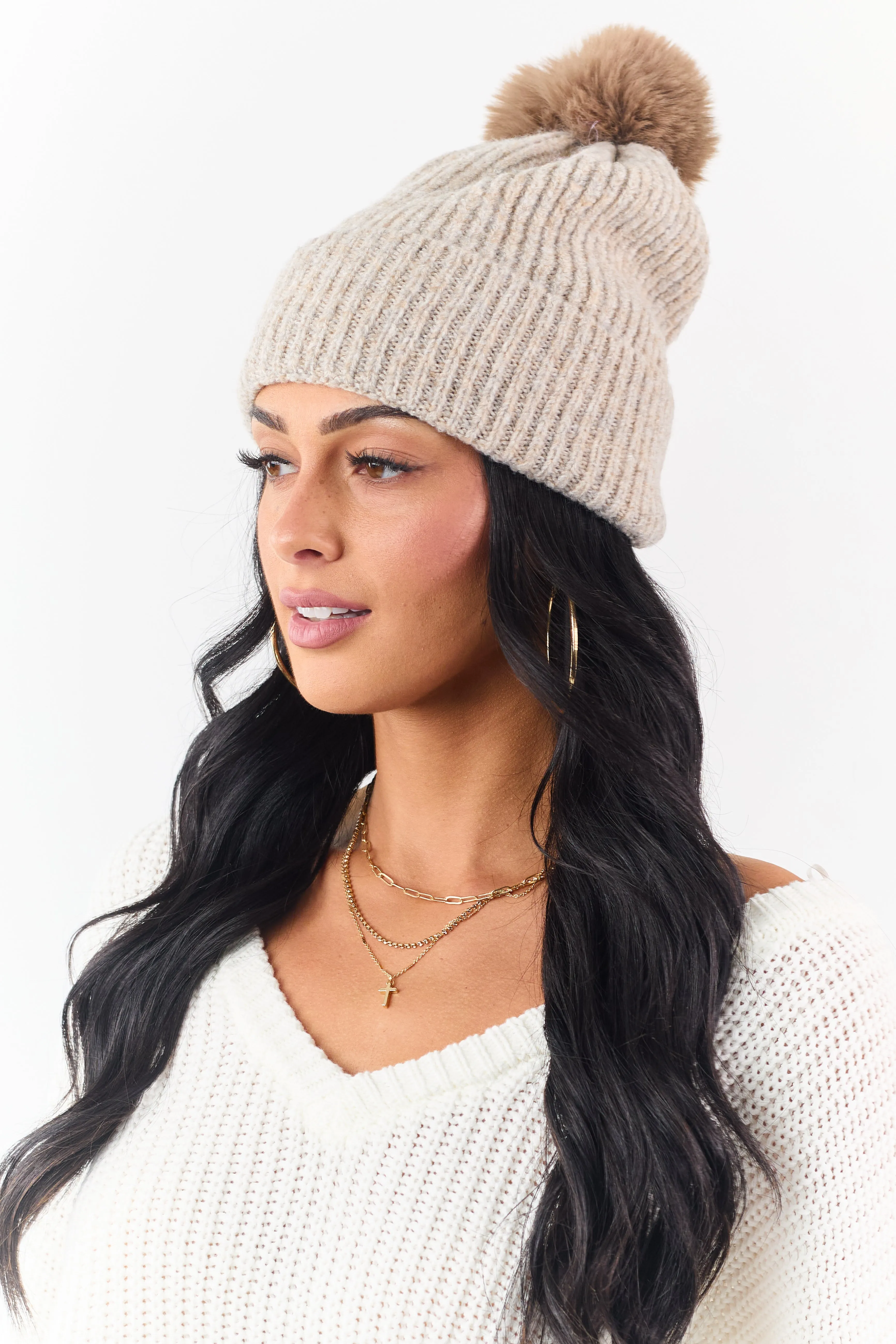 Oatmeal Faux Fur Pom Pom Ribbed Knit Beanie sold by Lime Lush product image thumbnail 2