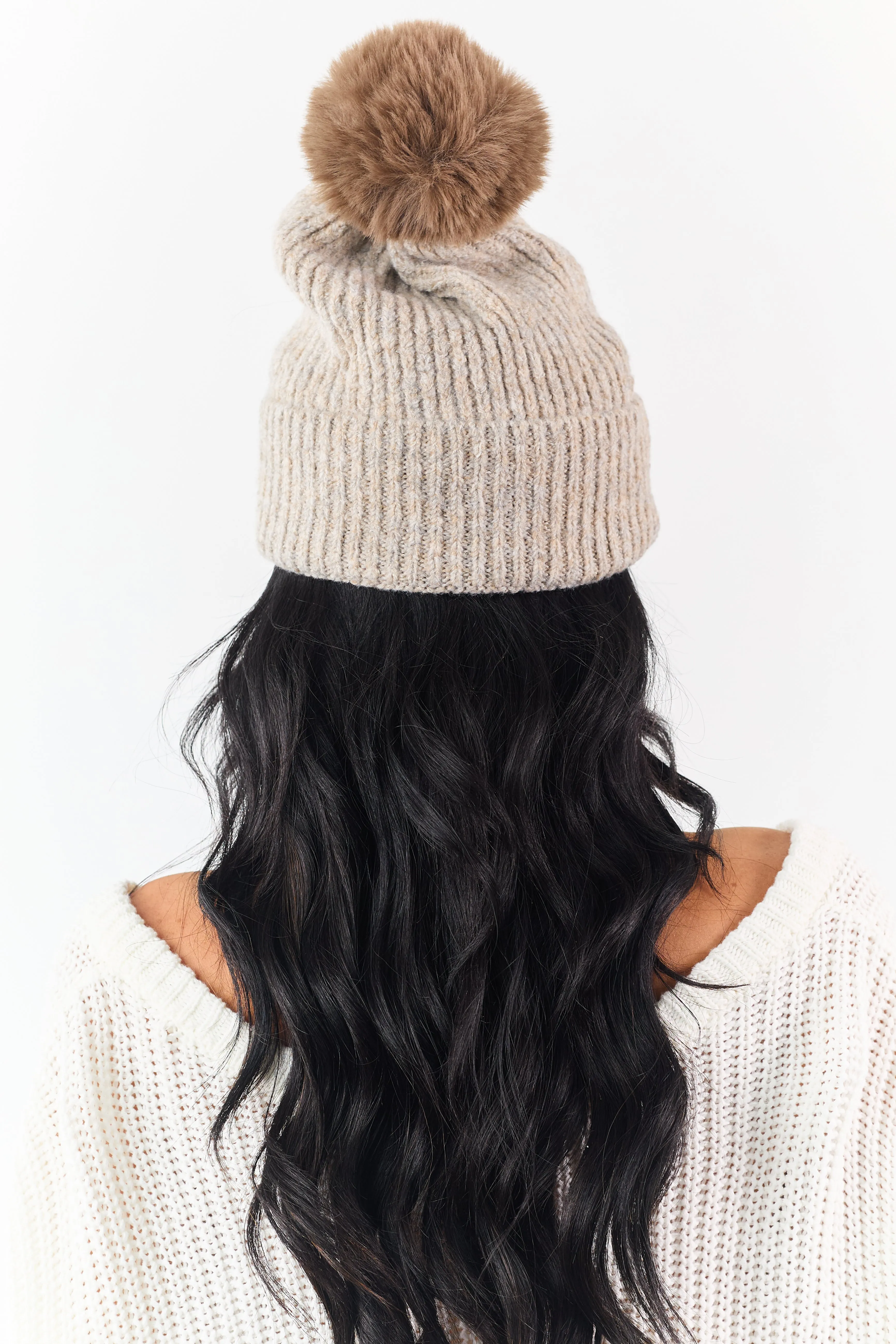 Oatmeal Faux Fur Pom Pom Ribbed Knit Beanie sold by Lime Lush product image thumbnail 3