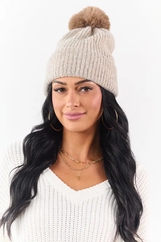 Oatmeal Faux Fur Pom Pom Ribbed Knit Beanie sold by Lime Lush
