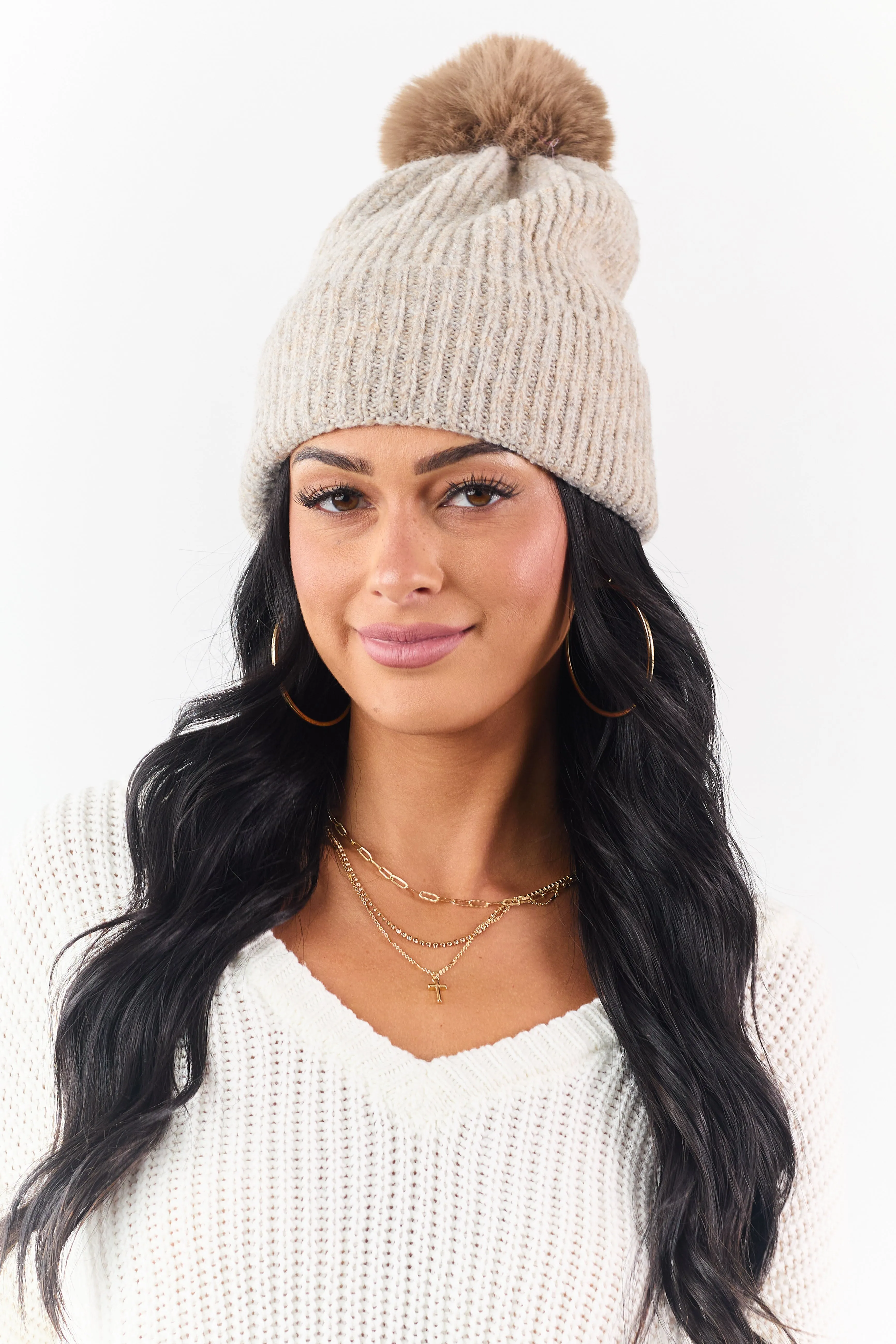 Oatmeal Faux Fur Pom Pom Ribbed Knit Beanie sold by Lime Lush