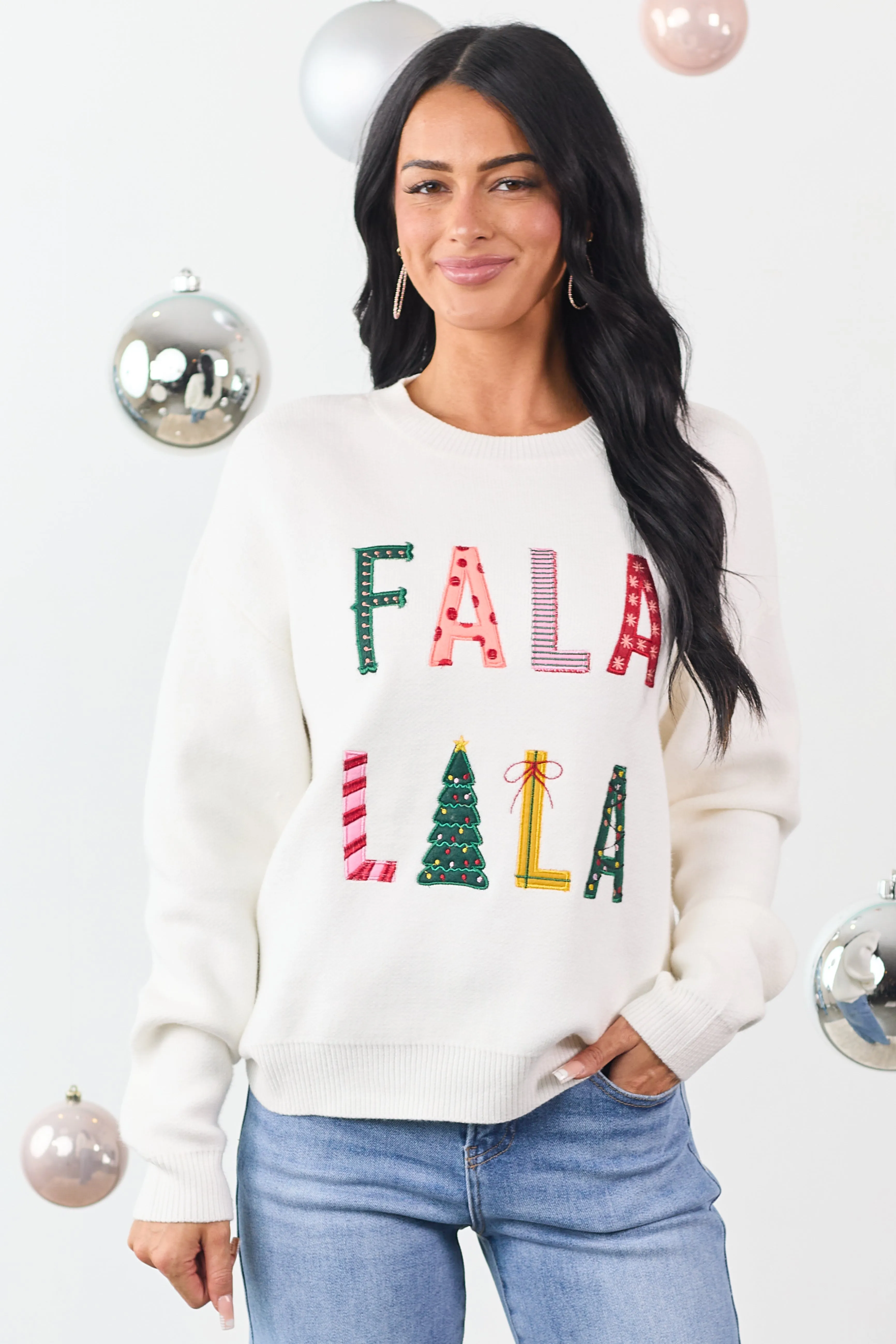 Ivory 'Fala Lala' Holiday Graphic Knit Sweater sold by Lime Lush