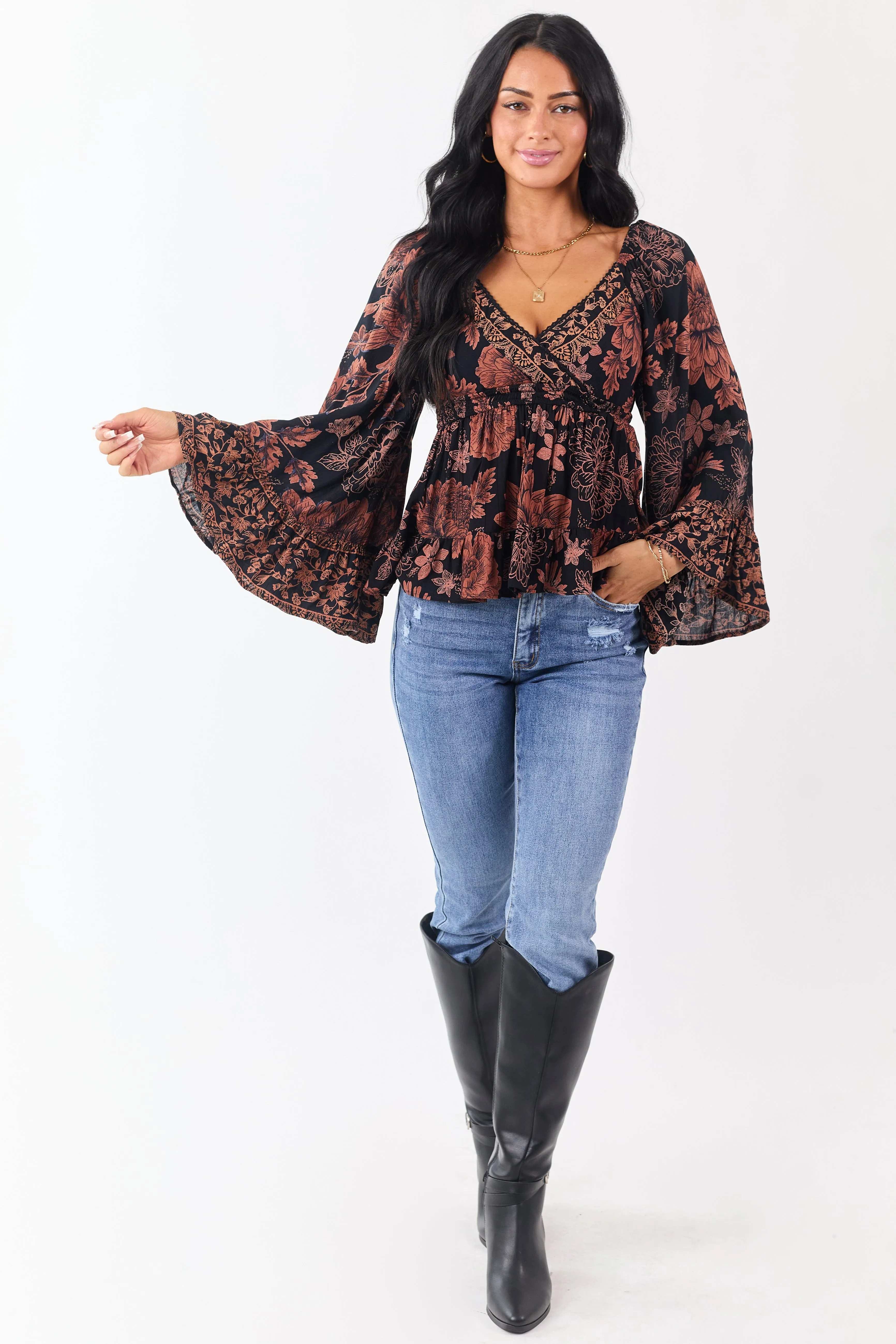 Black Floral Print Flare Sleeve Smocked Waist Top sold by Lime Lush product image thumbnail 3