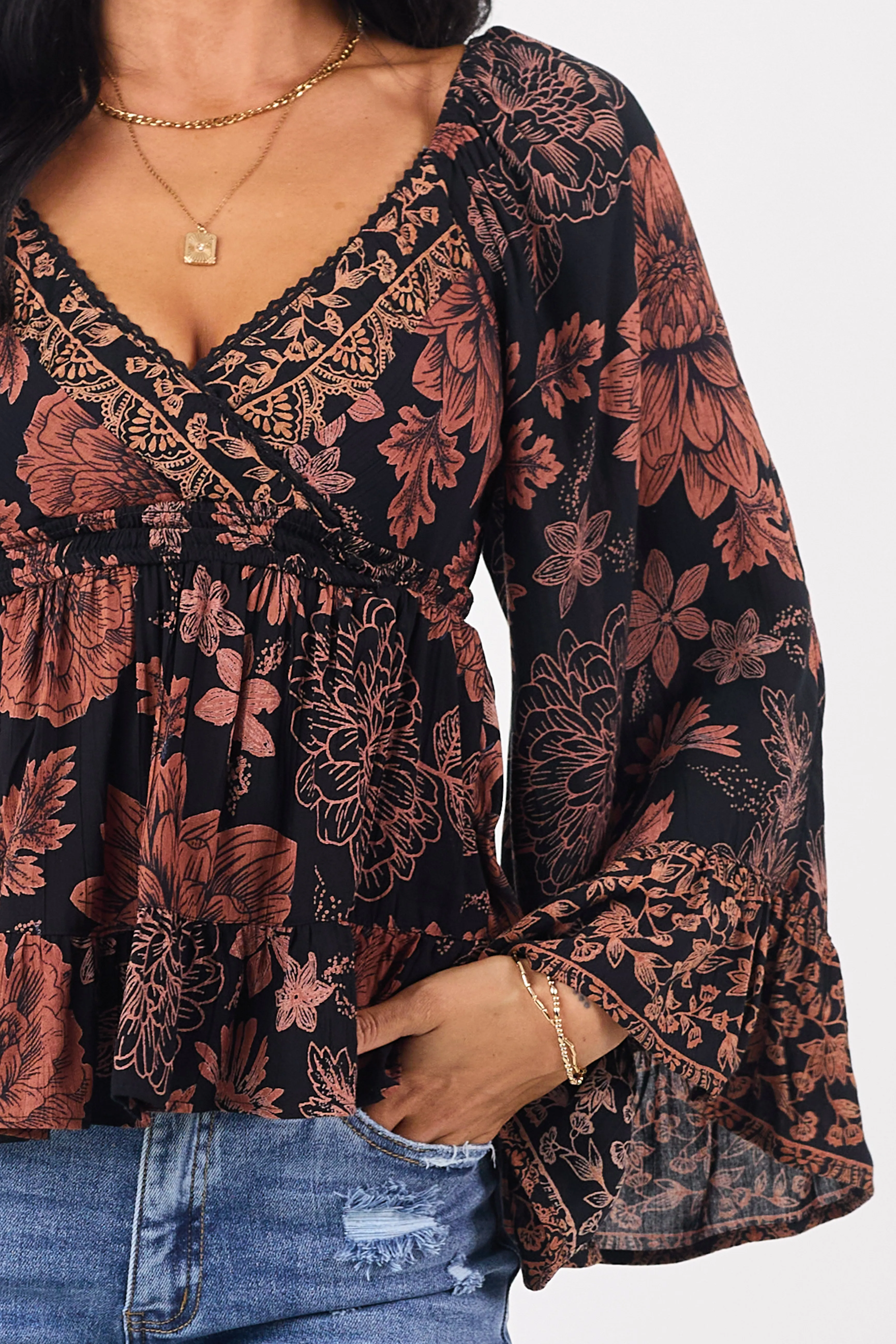 Black Floral Print Flare Sleeve Smocked Waist Top sold by Lime Lush product image thumbnail 5