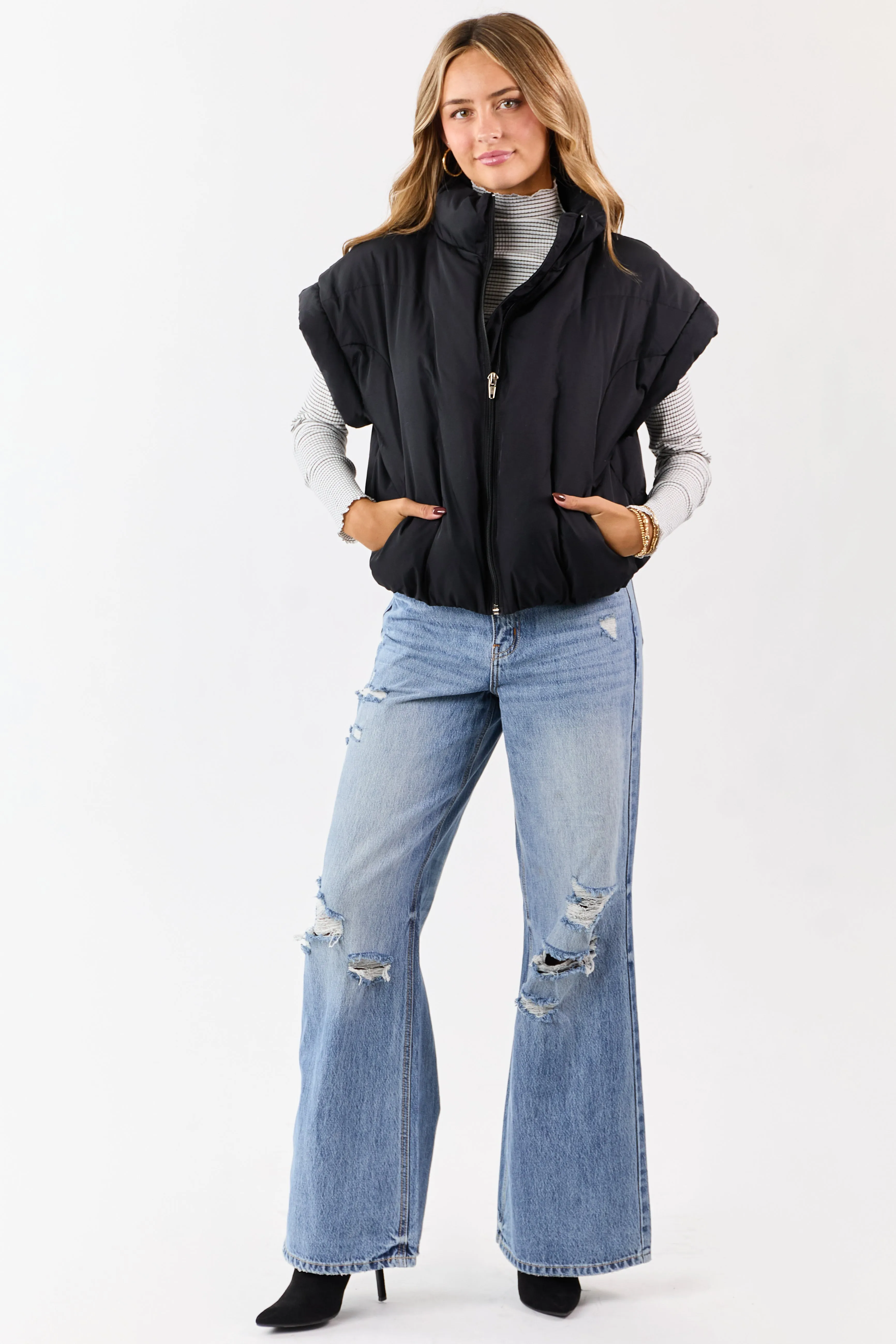 Black Mock Neck Zip Up Quilted Puffer Vest sold by Lime Lush product image thumbnail 4