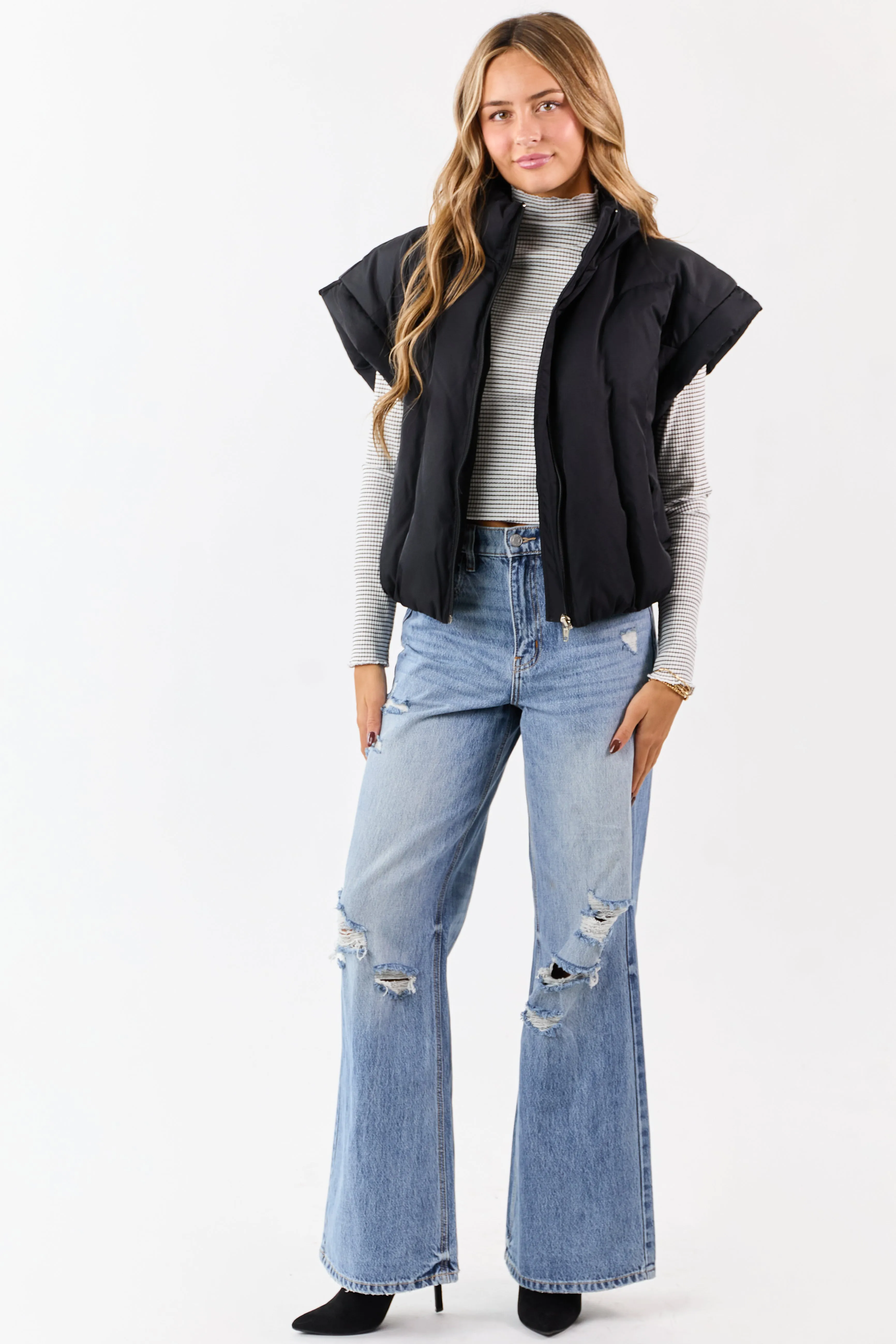 Black Mock Neck Zip Up Quilted Puffer Vest sold by Lime Lush product image thumbnail 3