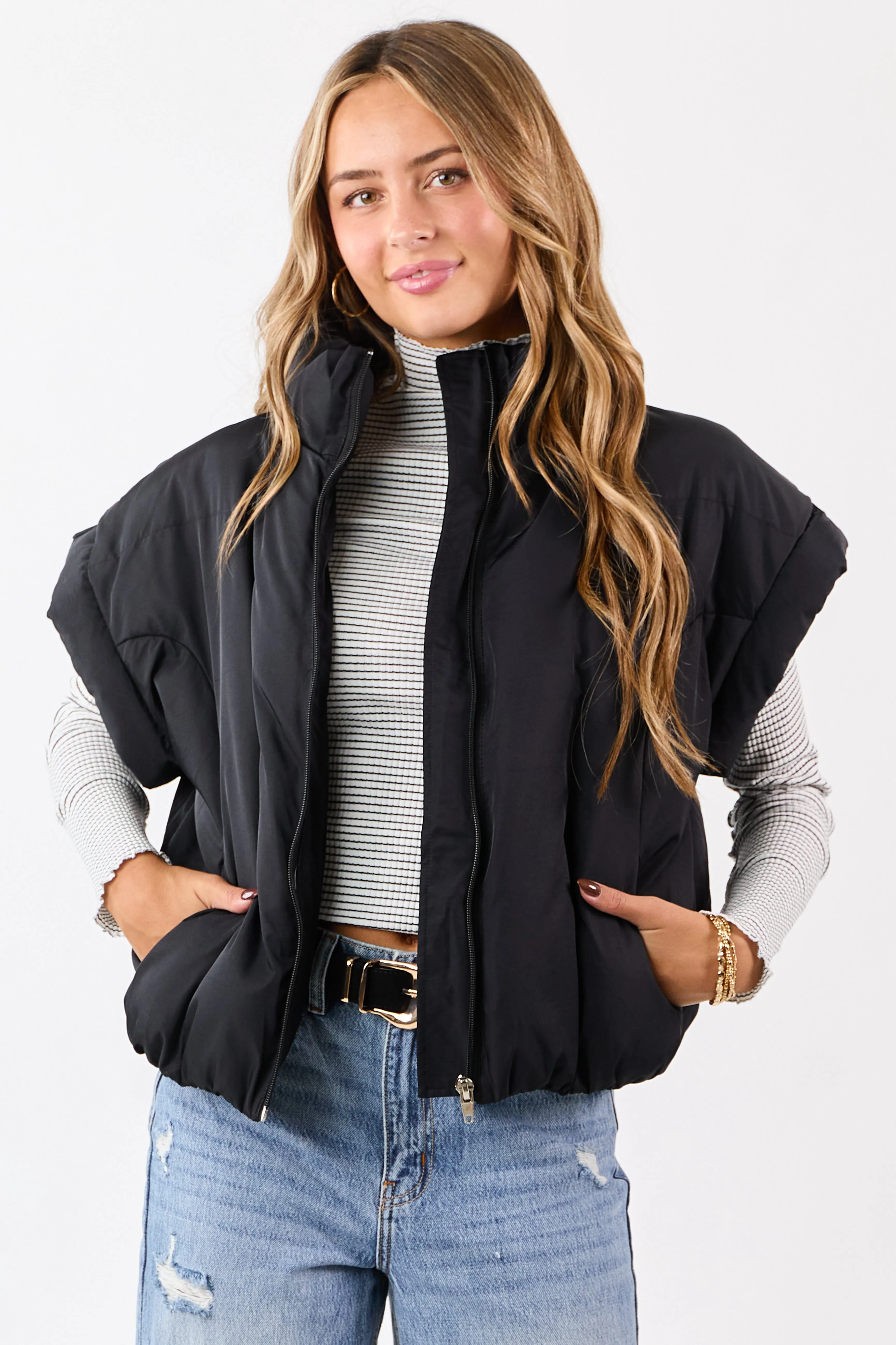 Black Mock Neck Zip Up Quilted Puffer Vest sold by Lime Lush