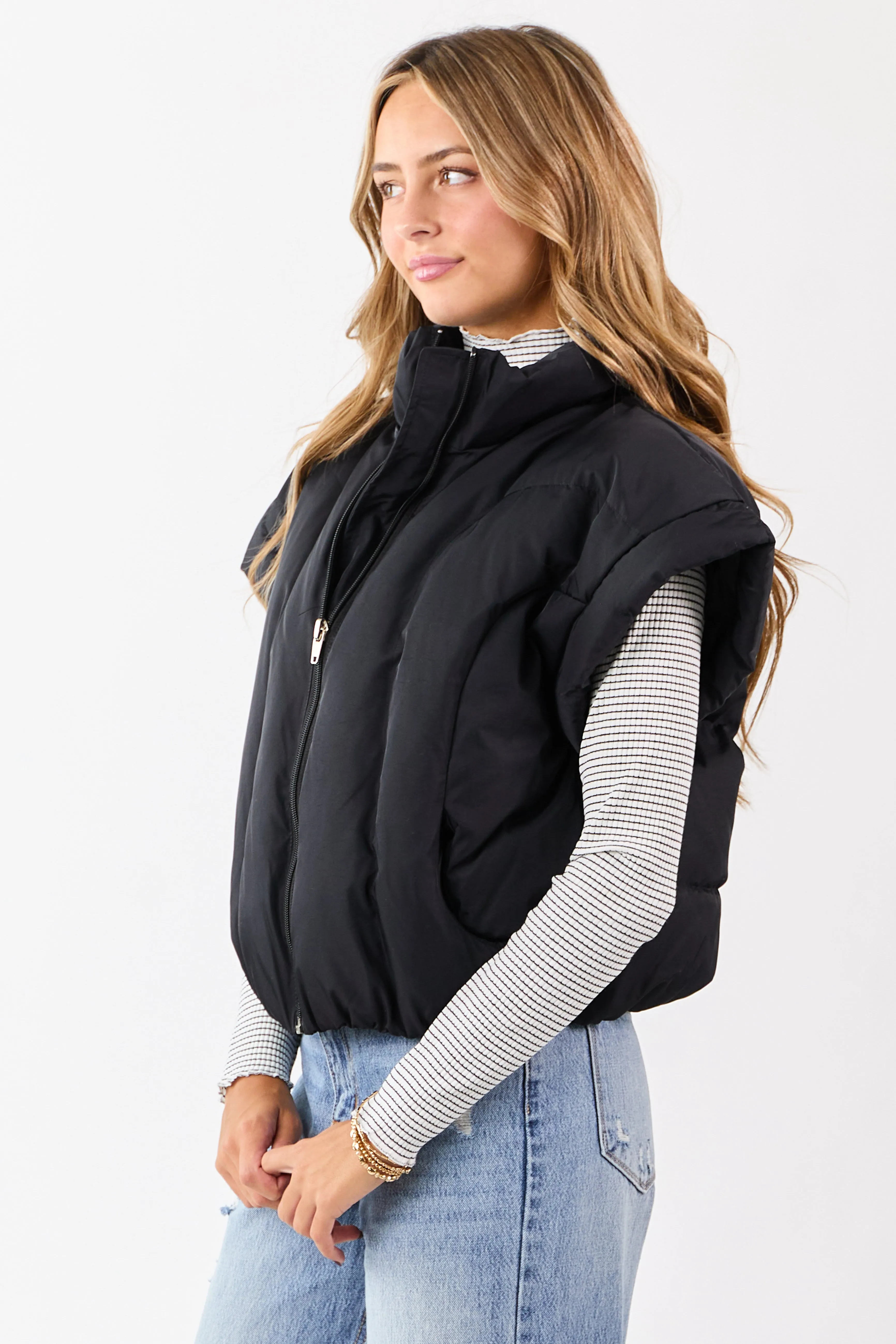 Black Mock Neck Zip Up Quilted Puffer Vest sold by Lime Lush product image thumbnail 5
