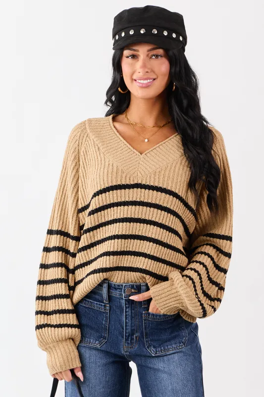 Latte Striped V-Neck Long Puff Sleeve Ribbed Sweater sold by Lime Lush