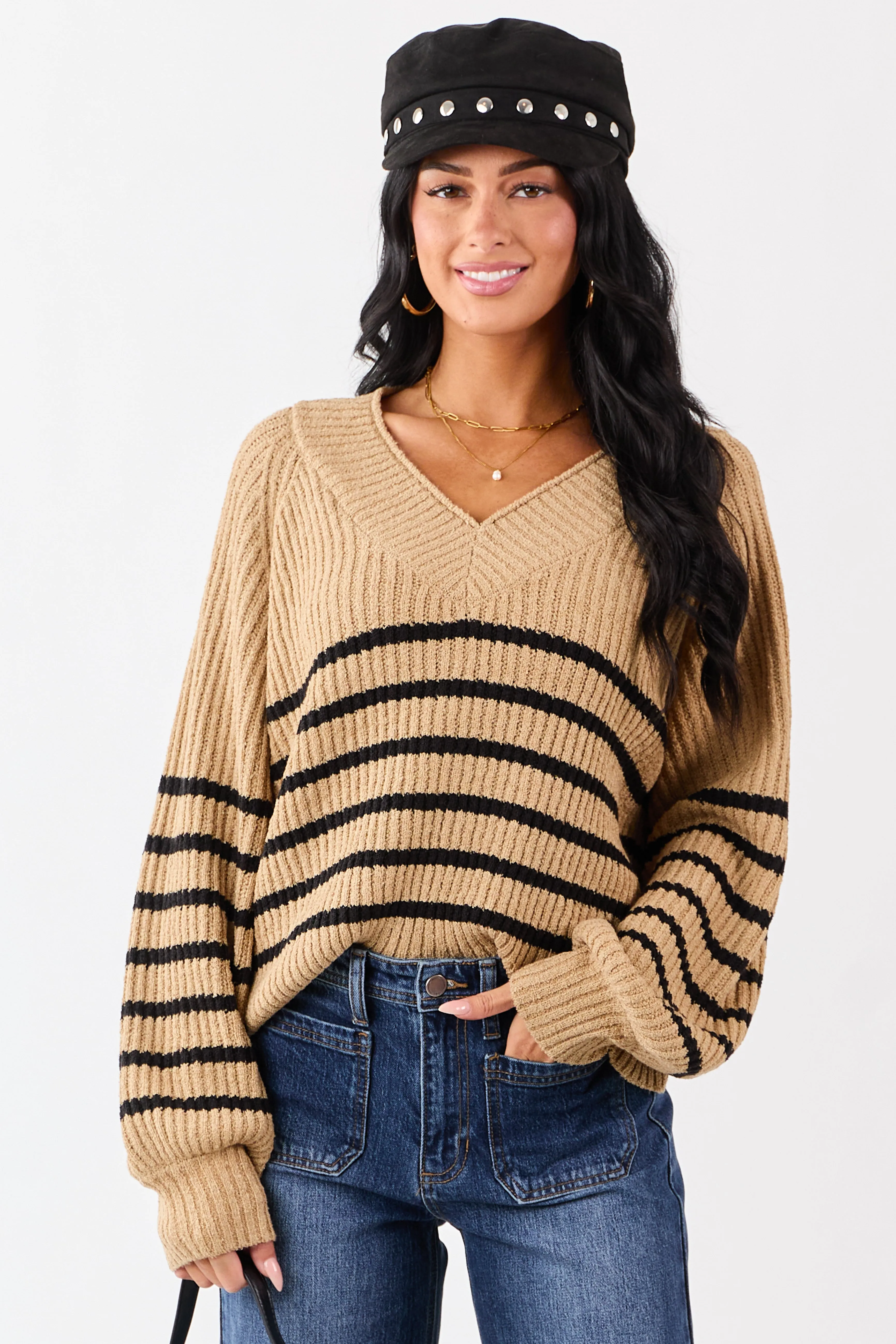 Latte Striped V-Neck Long Puff Sleeve Ribbed Sweater sold by Lime Lush