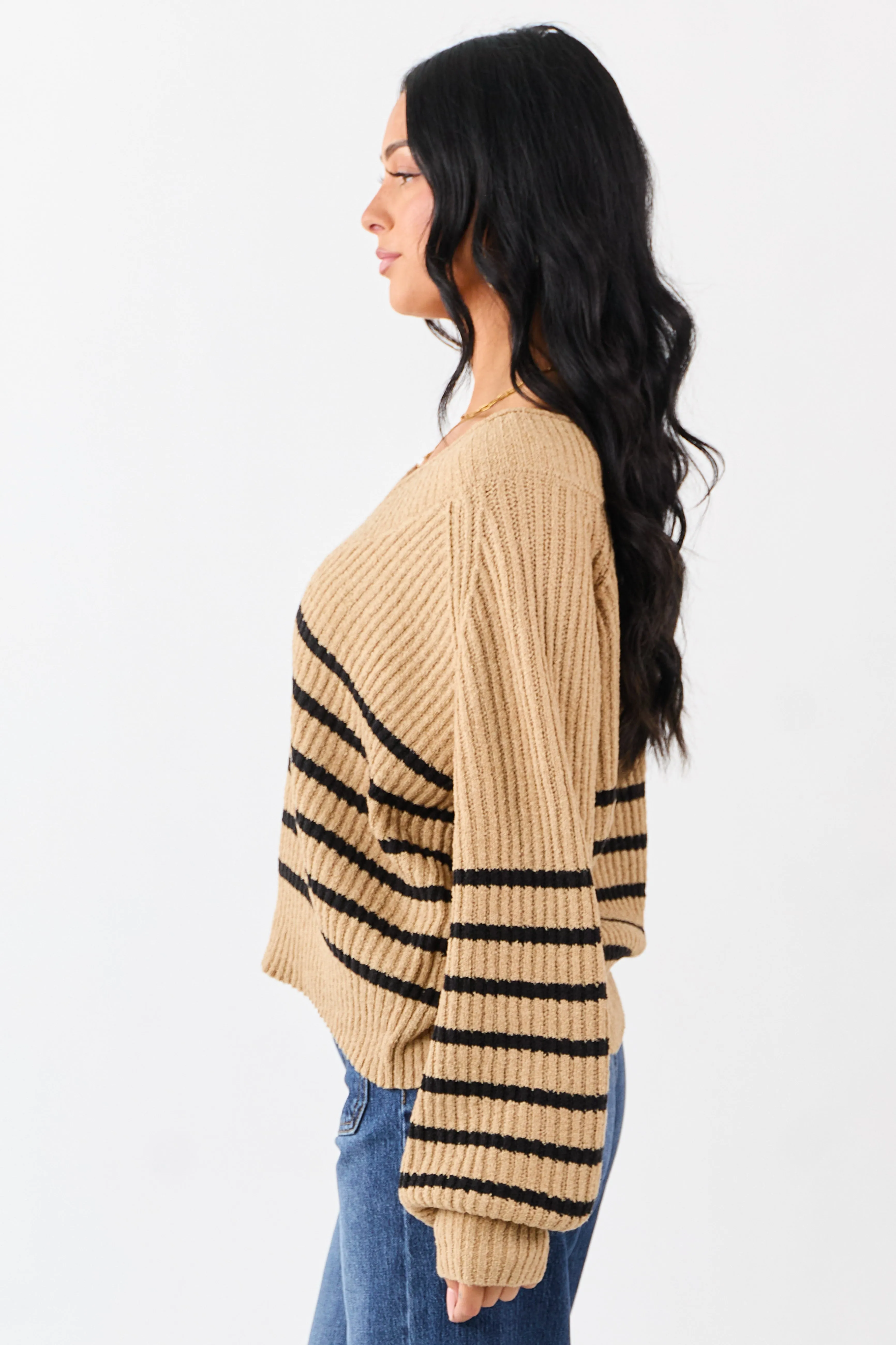 Latte Striped V-Neck Long Puff Sleeve Ribbed Sweater sold by Lime Lush product image thumbnail 4