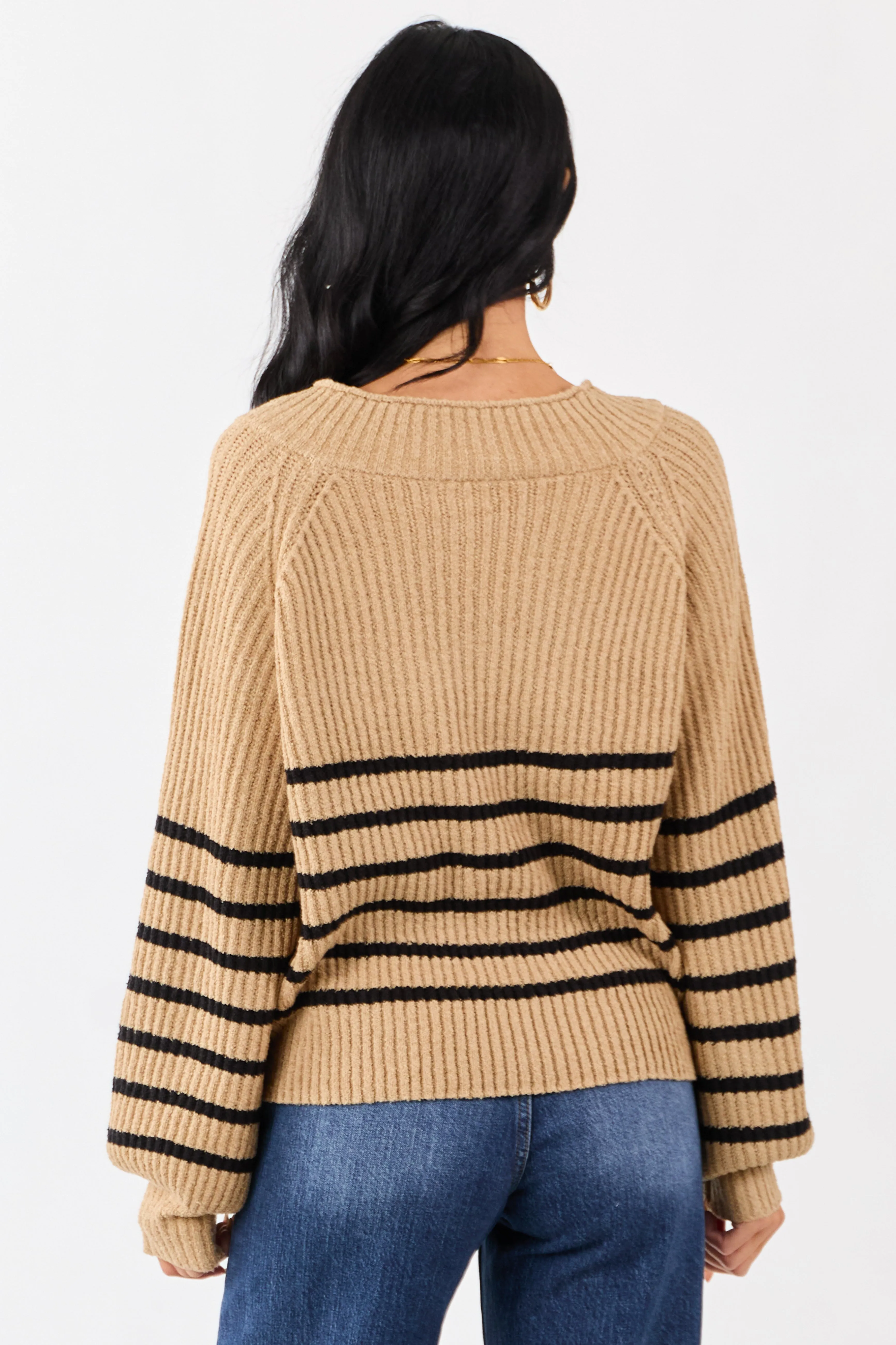 Latte Striped V-Neck Long Puff Sleeve Ribbed Sweater sold by Lime Lush product image thumbnail 5