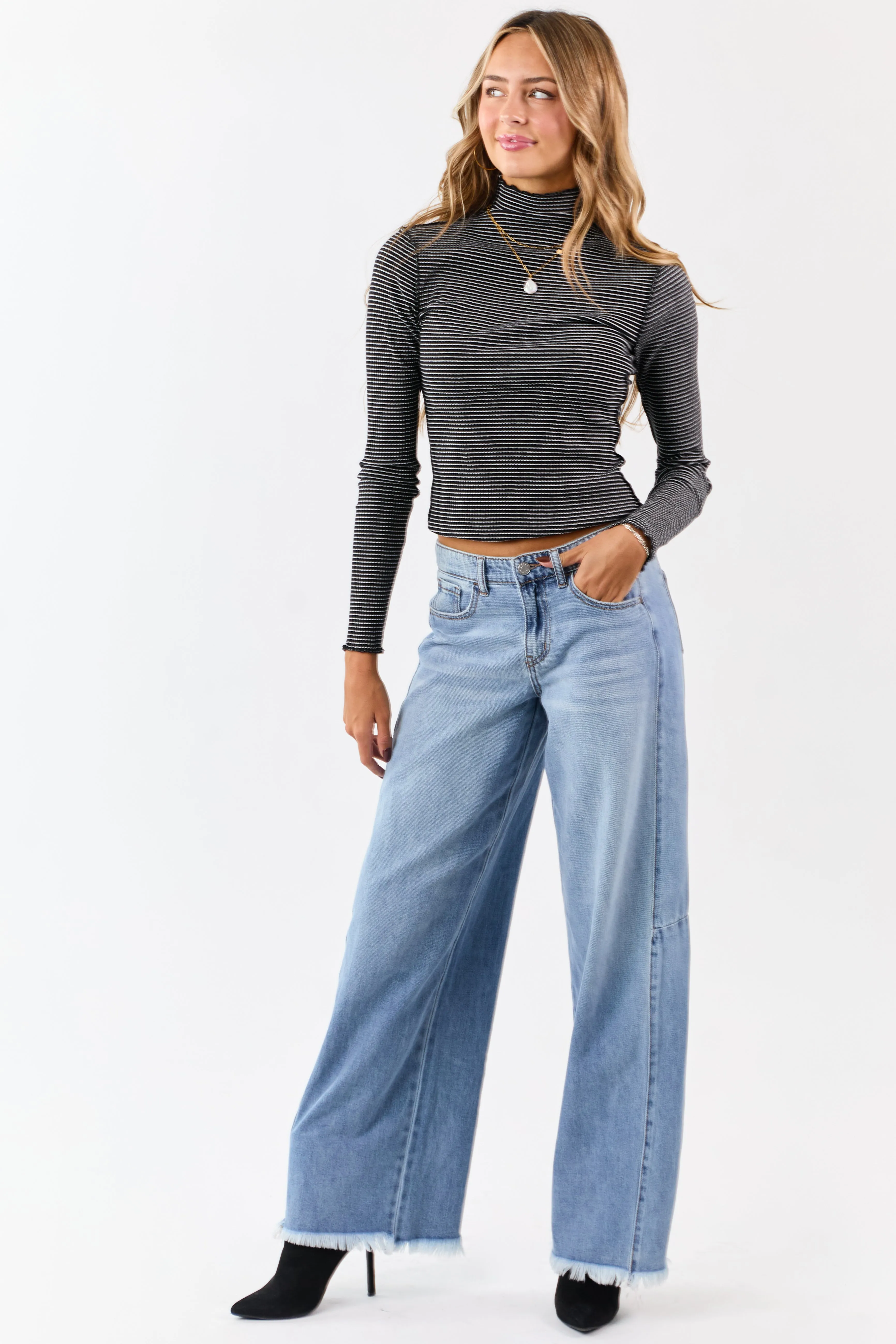 Cello Light Wash Raw Hem High Rise Wide Leg Jeans sold by Lime Lush product image thumbnail 2