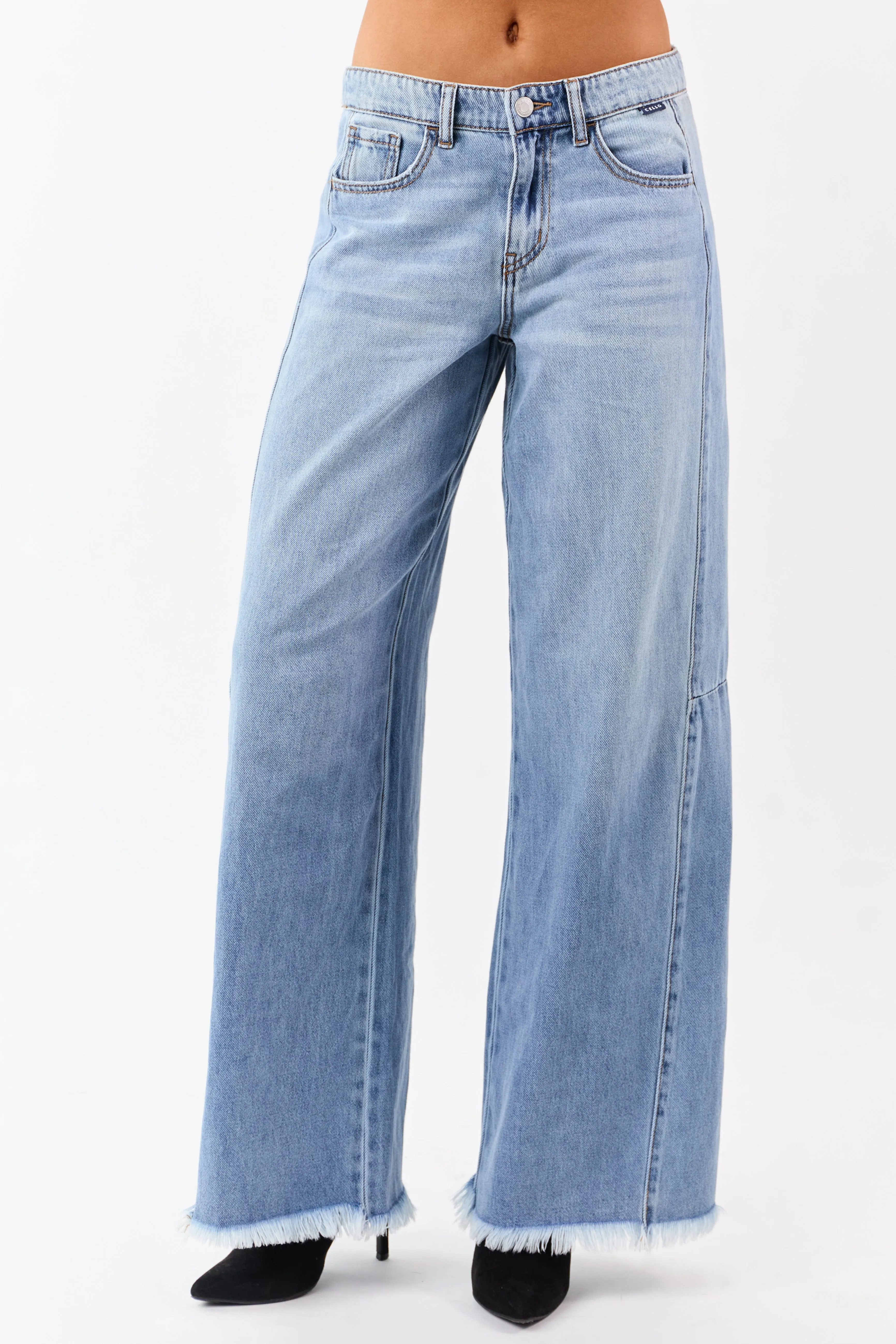 Cello Light Wash Raw Hem High Rise Wide Leg Jeans sold by Lime Lush