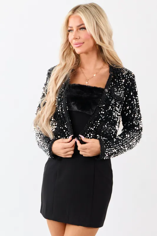 Black Sequined Cropped Button Down Jacket sold by Lime Lush