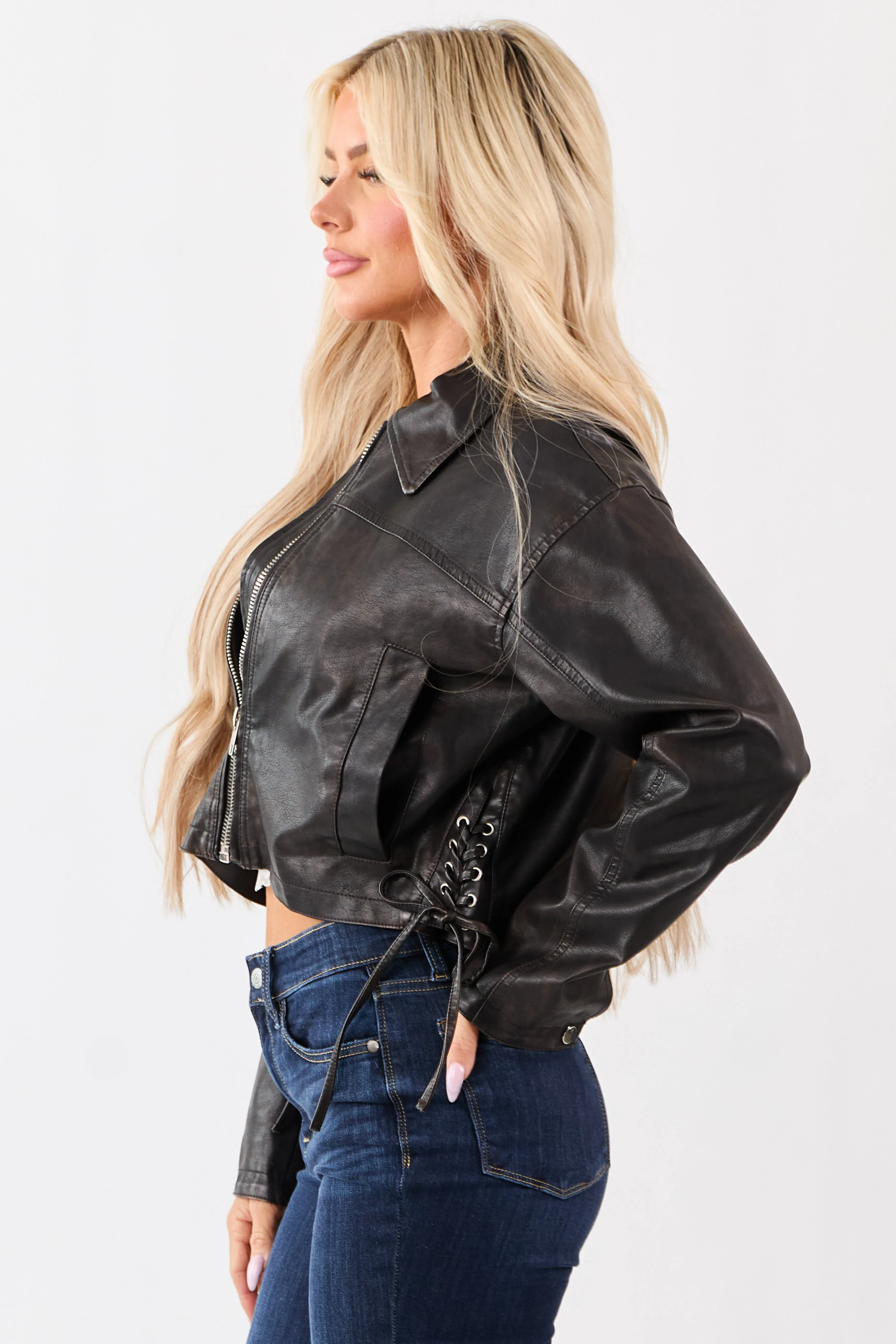 Cocoa Washed Faux Leather Zip Up Boxy Moto Jacket sold by Lime Lush product image thumbnail 5