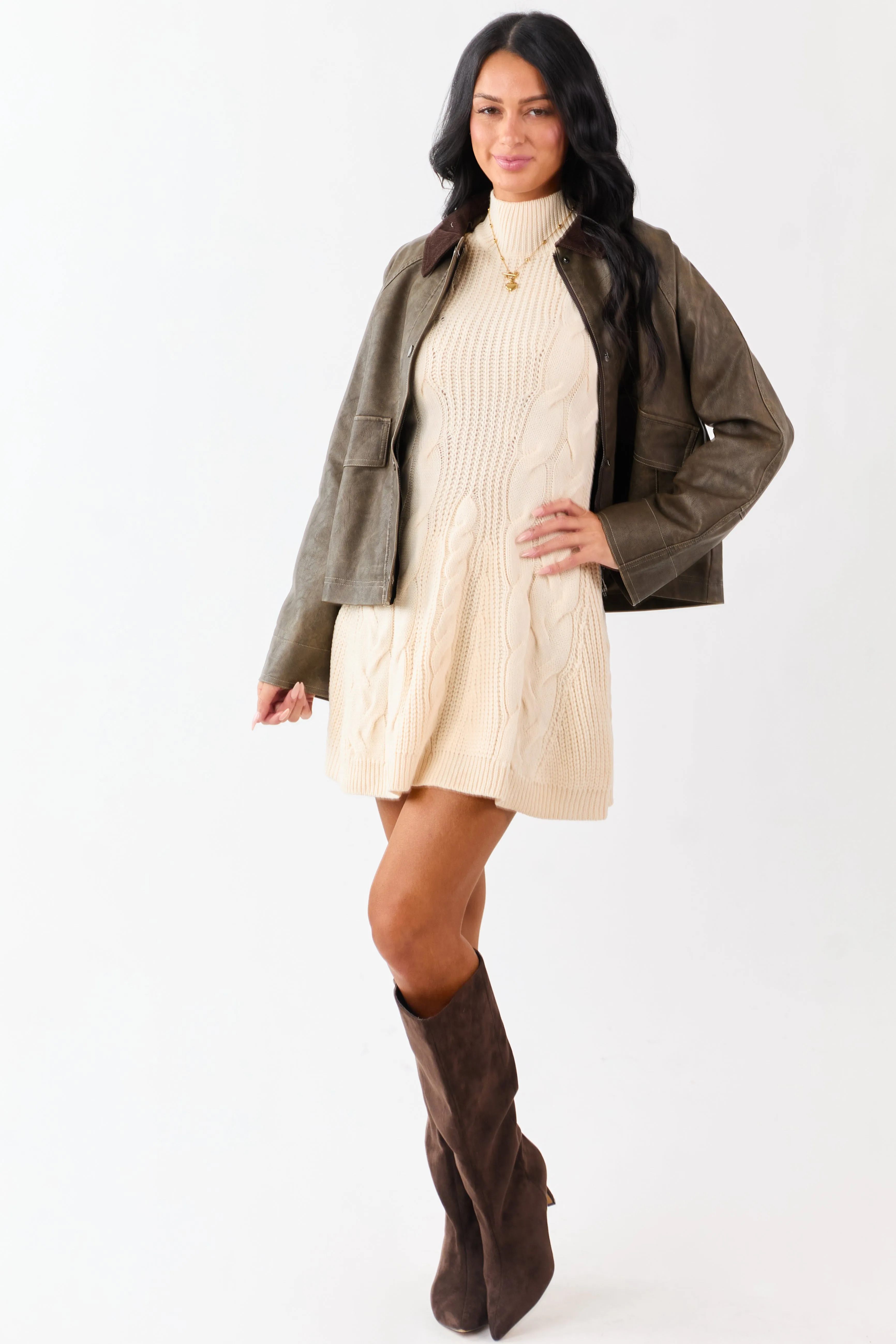 Cream Cable Knit Mock Neck Sleeveless Mini Dress sold by Lime Lush product image thumbnail 3