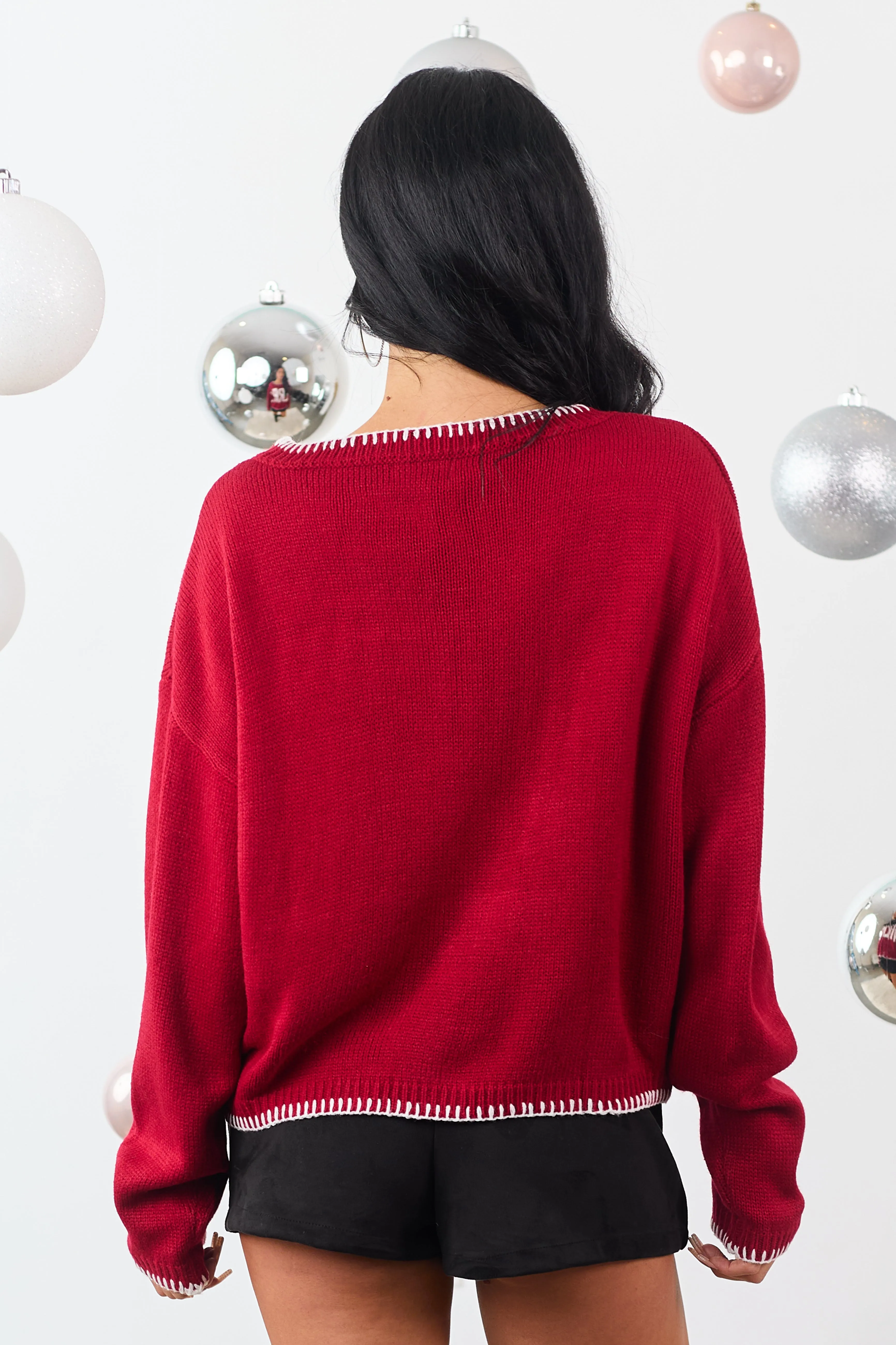 Cranberry 'Merry' Graphic Contrast Stitch Sweater sold by Lime Lush product image thumbnail 5