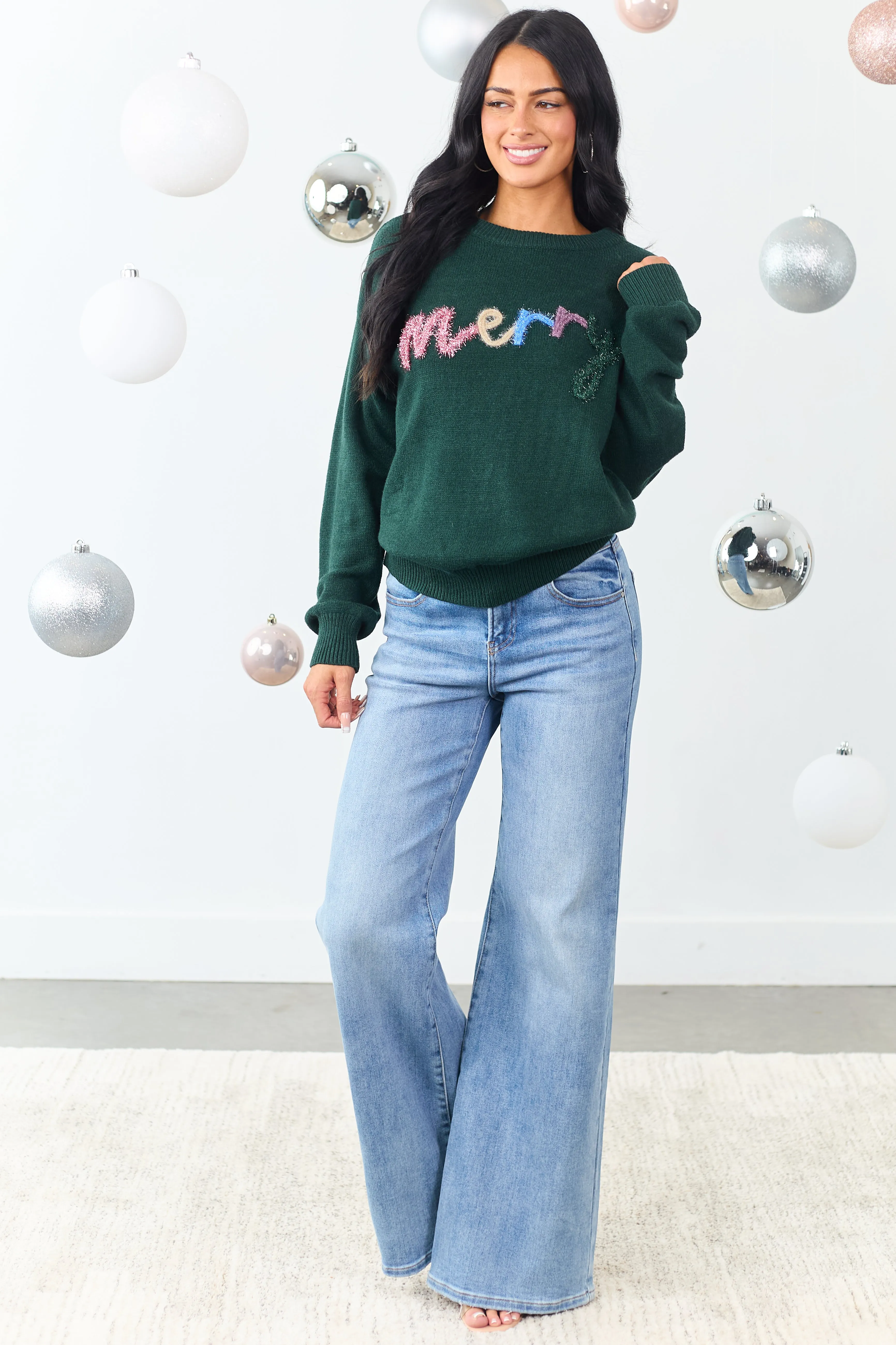 Forest Green 'Merry' Tinsel 3D Lettering Sweater sold by Lime Lush product image thumbnail 2
