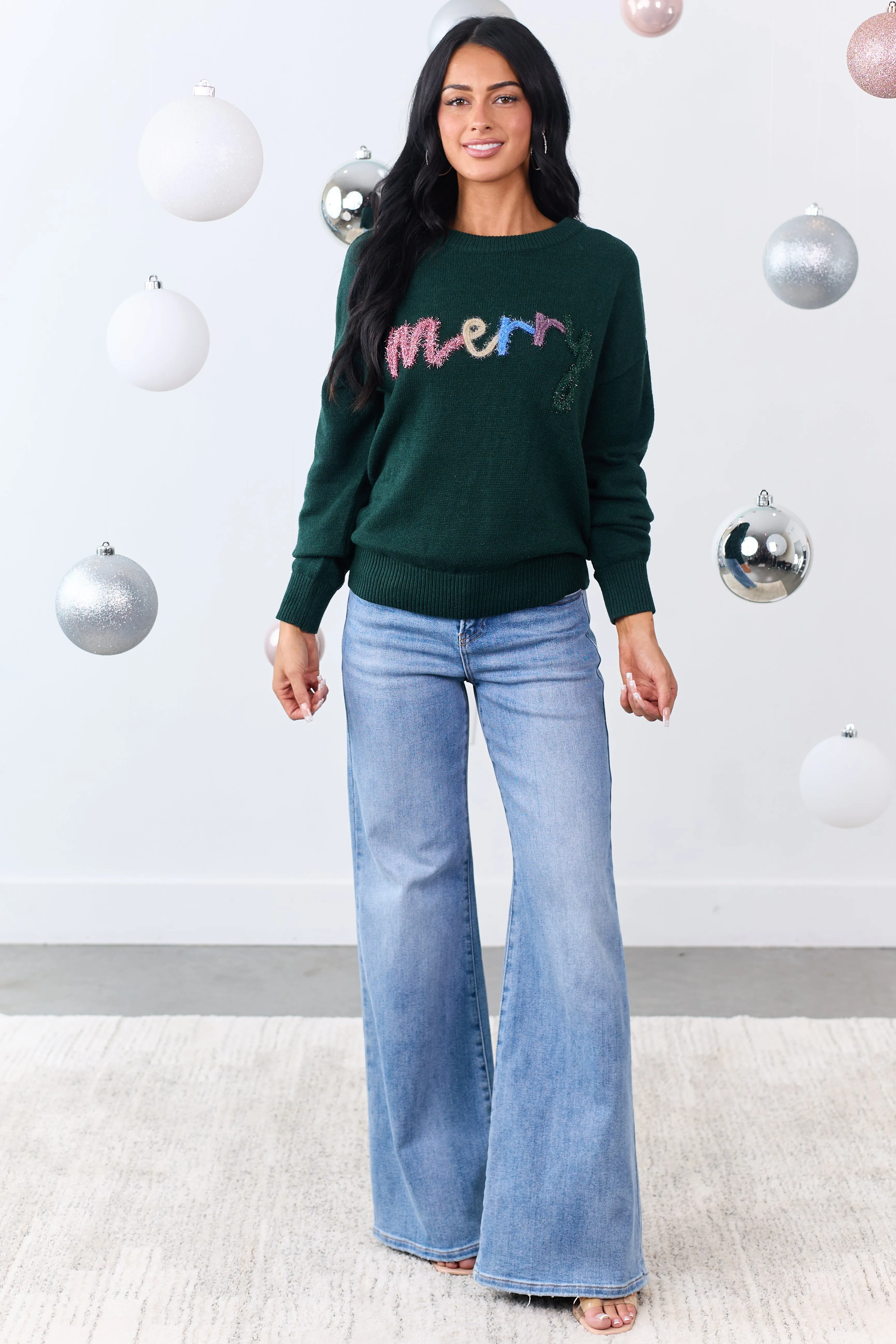 Forest Green 'Merry' Tinsel 3D Lettering Sweater sold by Lime Lush product image thumbnail 3