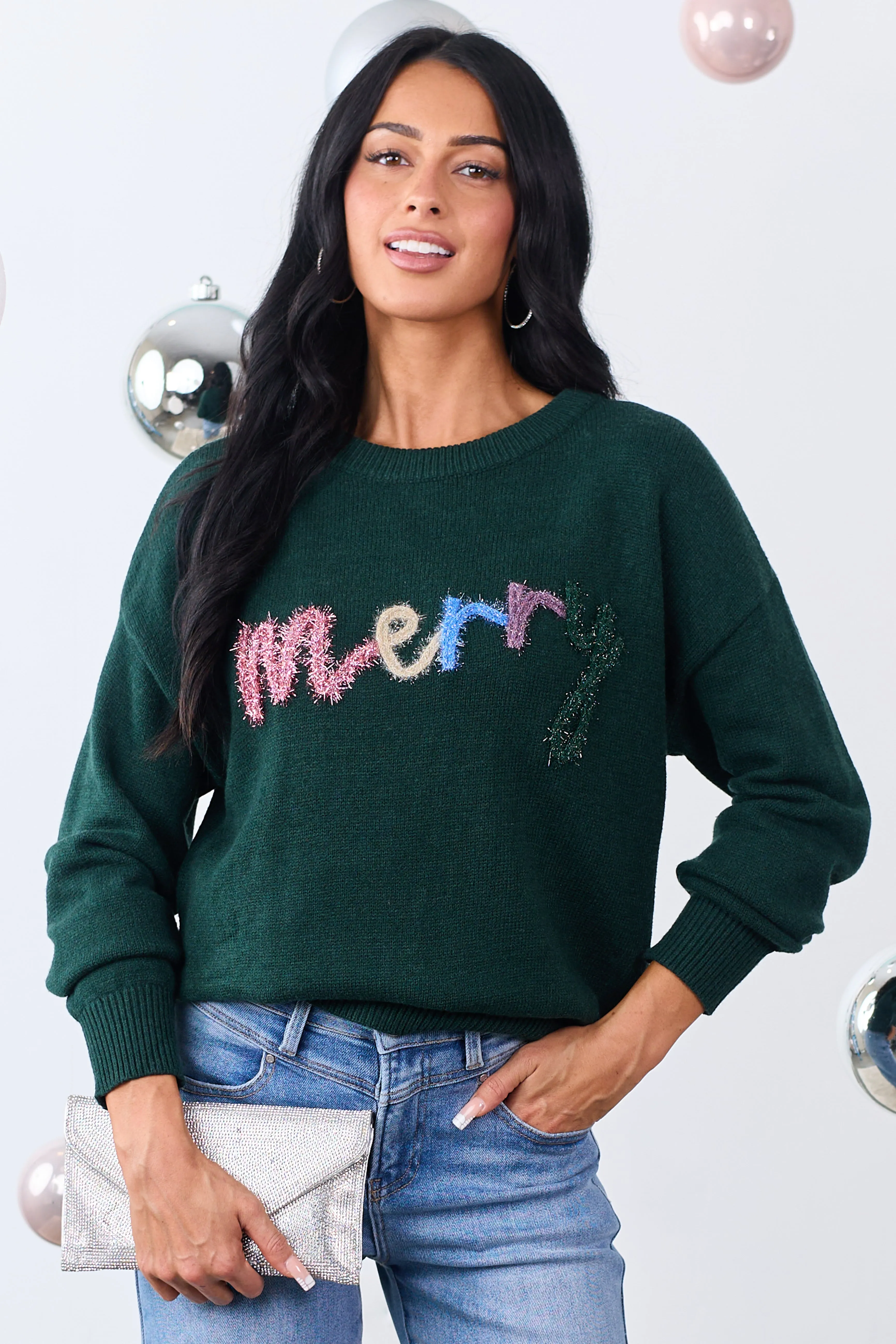 Forest Green 'Merry' Tinsel 3D Lettering Sweater sold by Lime Lush