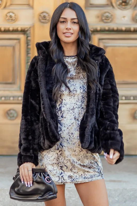 Black Soft Faux Fur Hook Closure Collared Jacket sold by Lime Lush