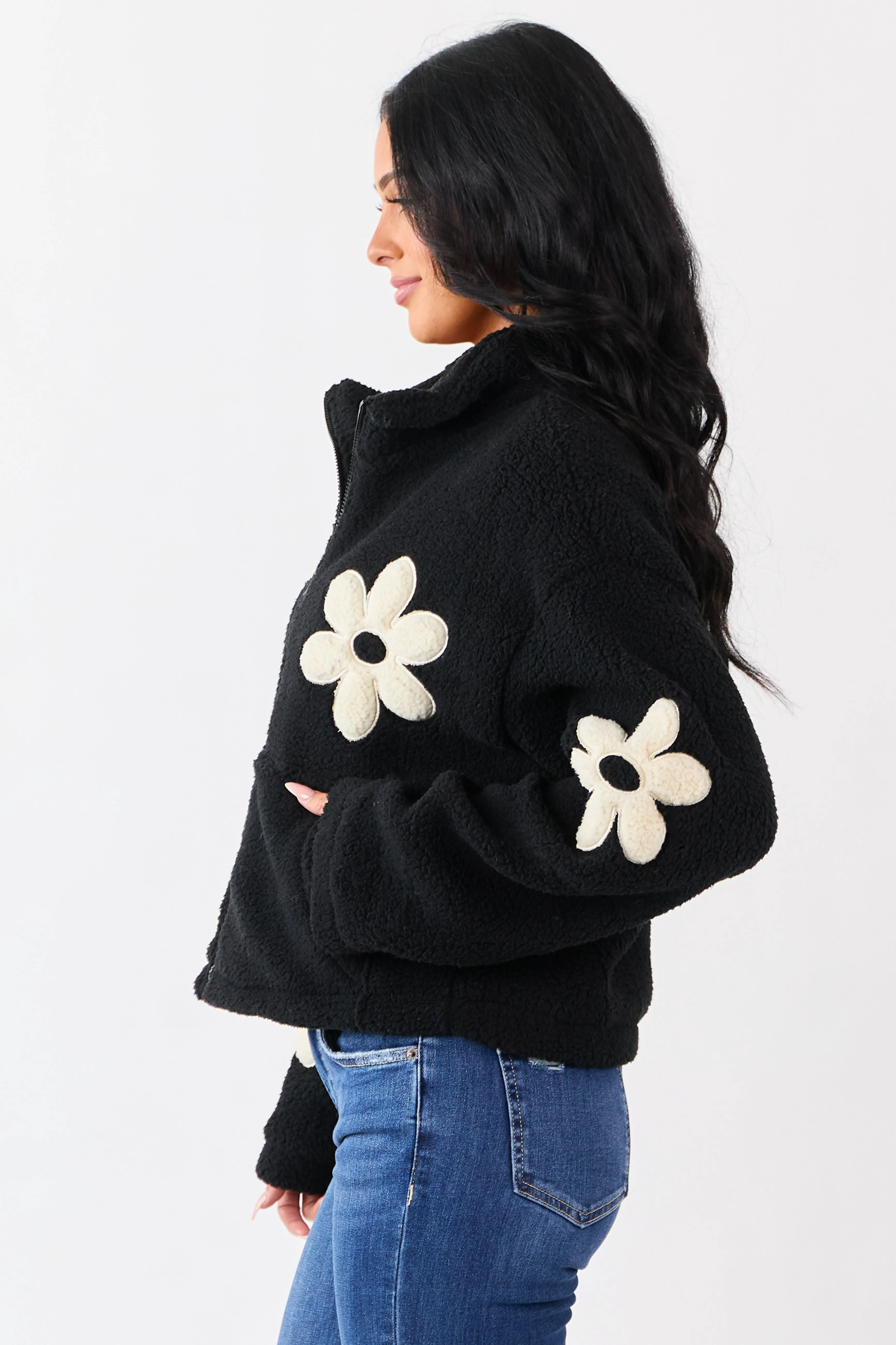 Black and Ivory Floral Pattern Fleece Jacket sold by Lime Lush product image thumbnail 4