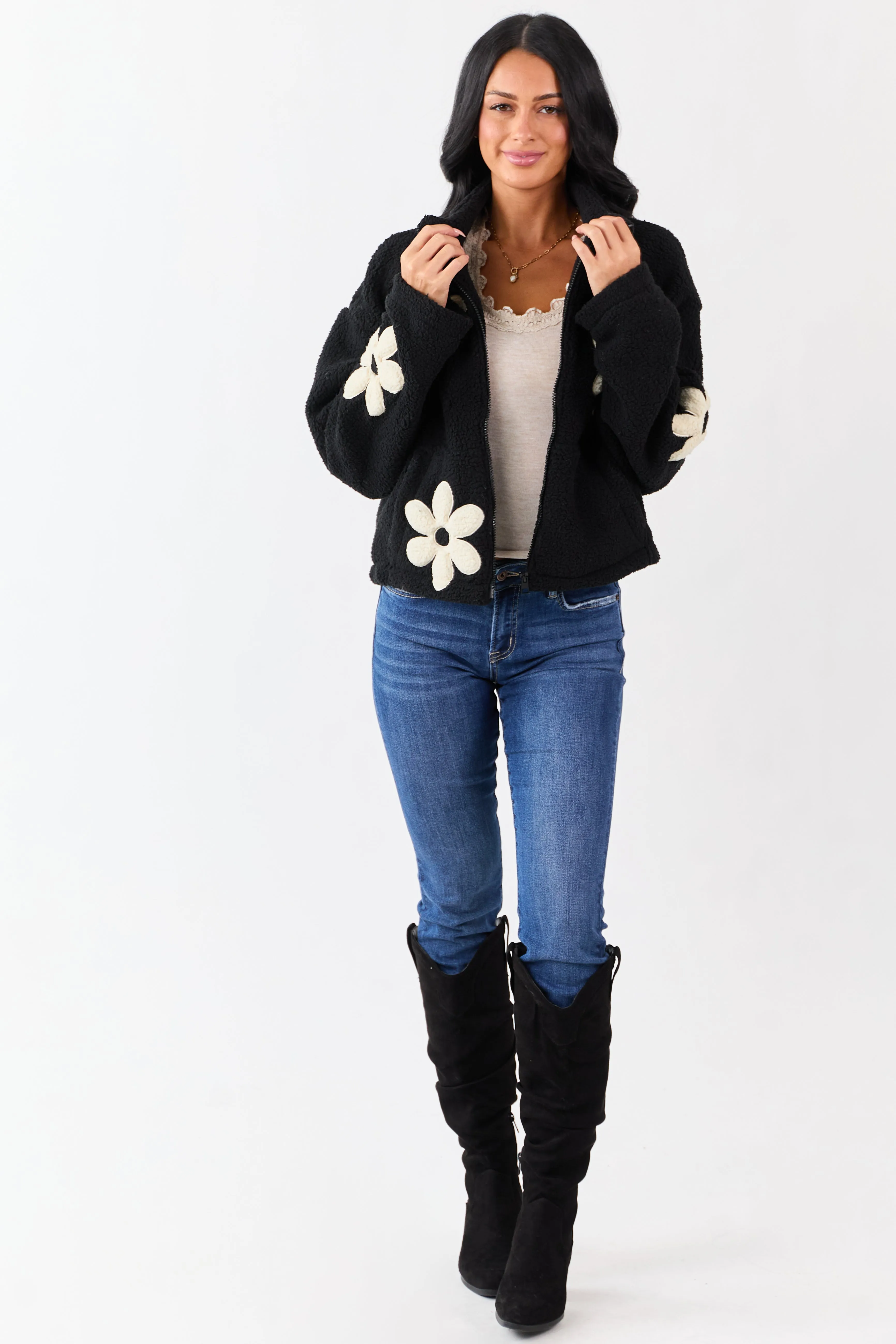 Black and Ivory Floral Pattern Fleece Jacket sold by Lime Lush product image thumbnail 3