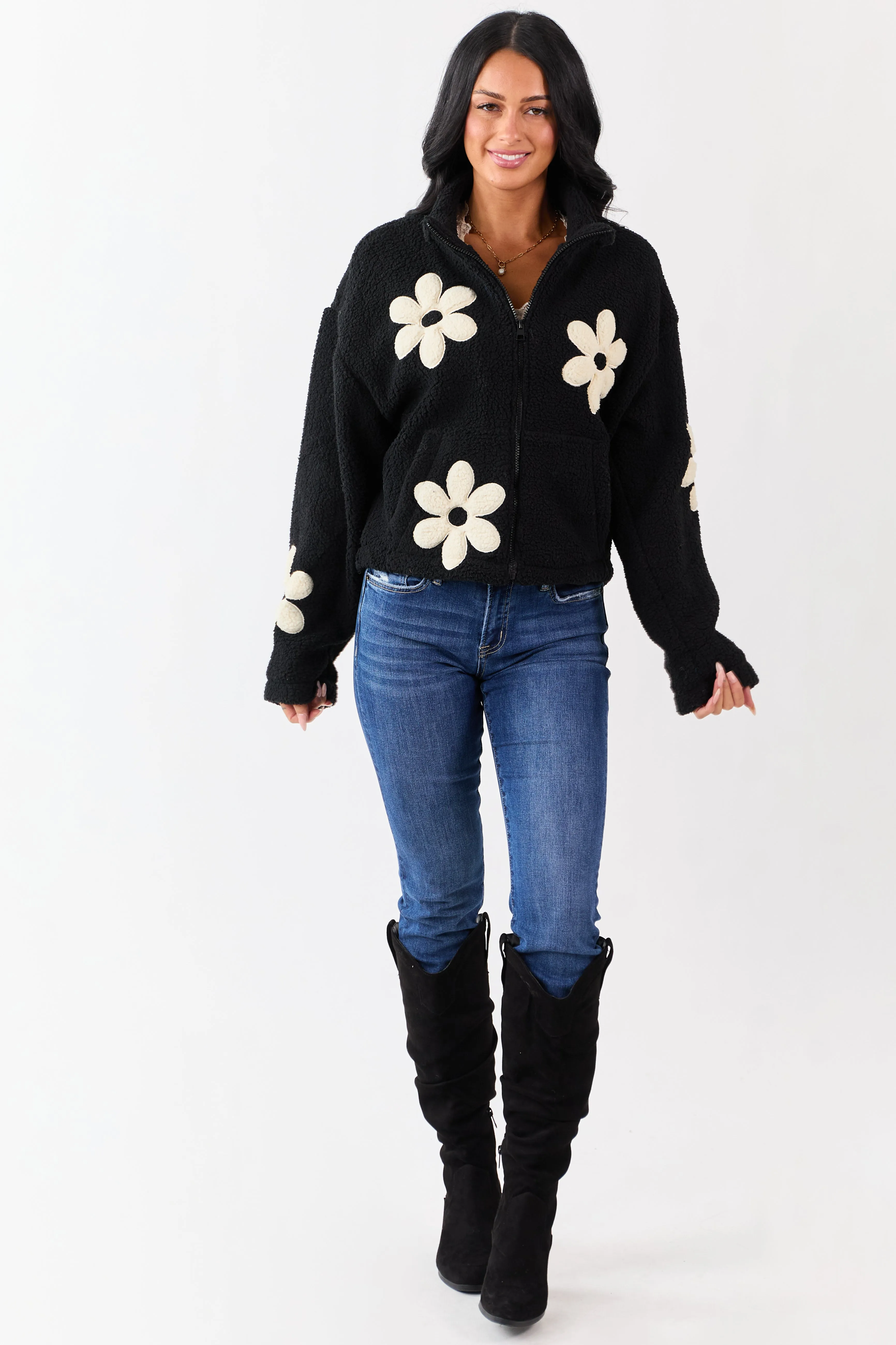 Black and Ivory Floral Pattern Fleece Jacket sold by Lime Lush product image thumbnail 2