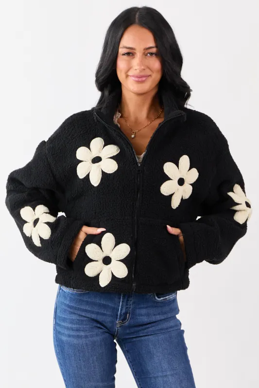 Black and Ivory Floral Pattern Fleece Jacket sold by Lime Lush