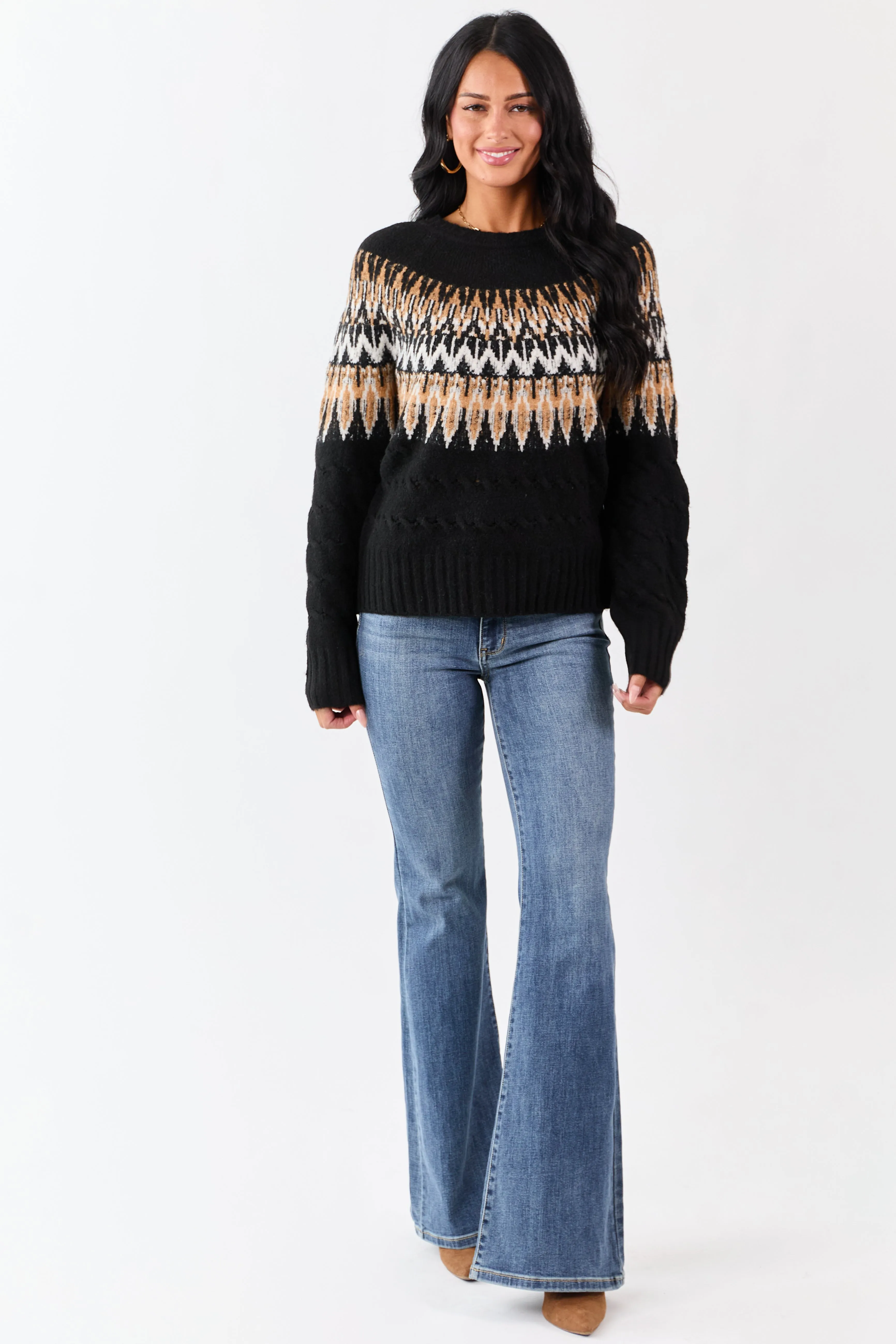 Black Cable Knit Fair Isle Pattern Relaxed Sweater sold by Lime Lush product image thumbnail 2