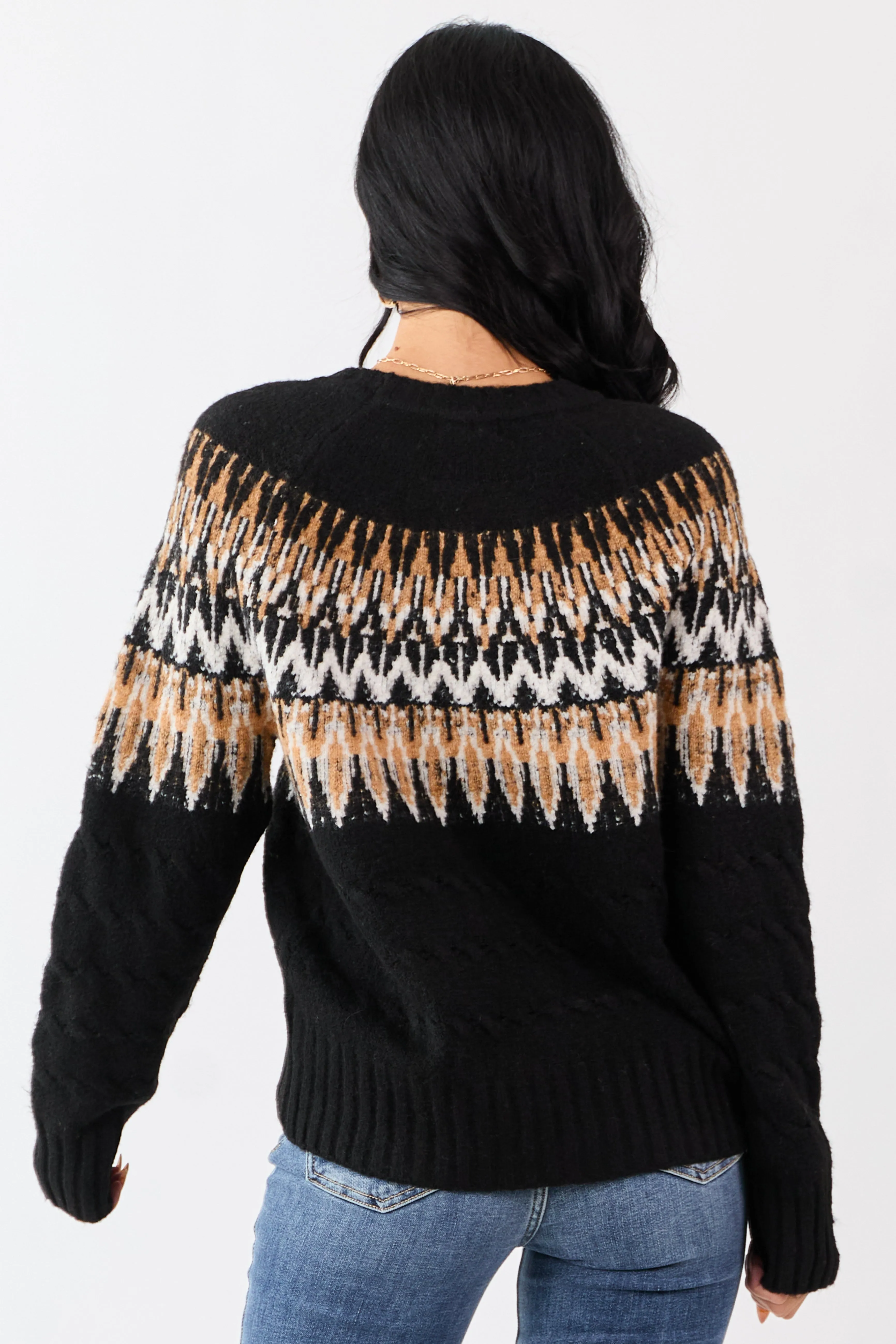 Black Cable Knit Fair Isle Pattern Relaxed Sweater sold by Lime Lush product image thumbnail 5