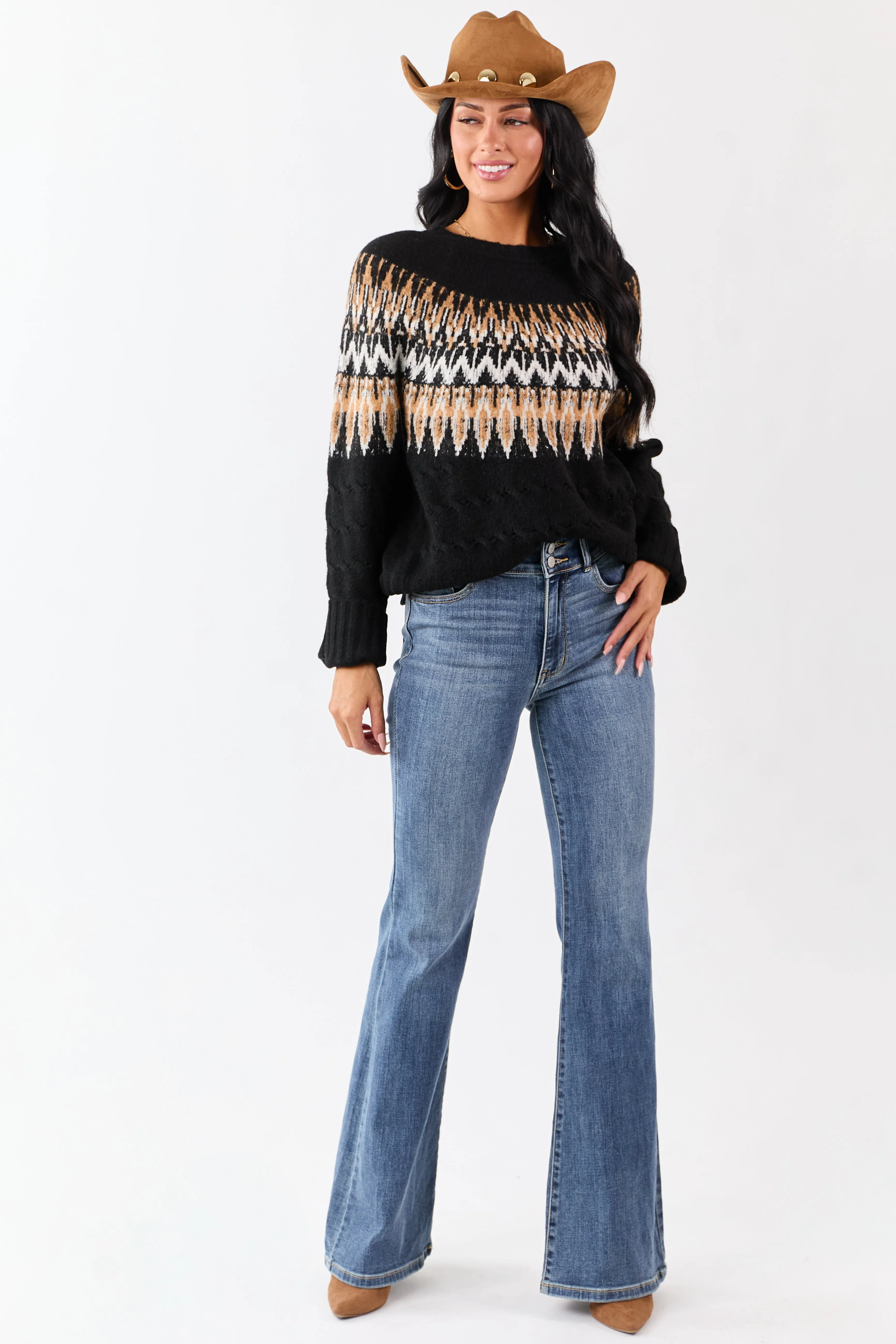 Black Cable Knit Fair Isle Pattern Relaxed Sweater sold by Lime Lush product image thumbnail 3