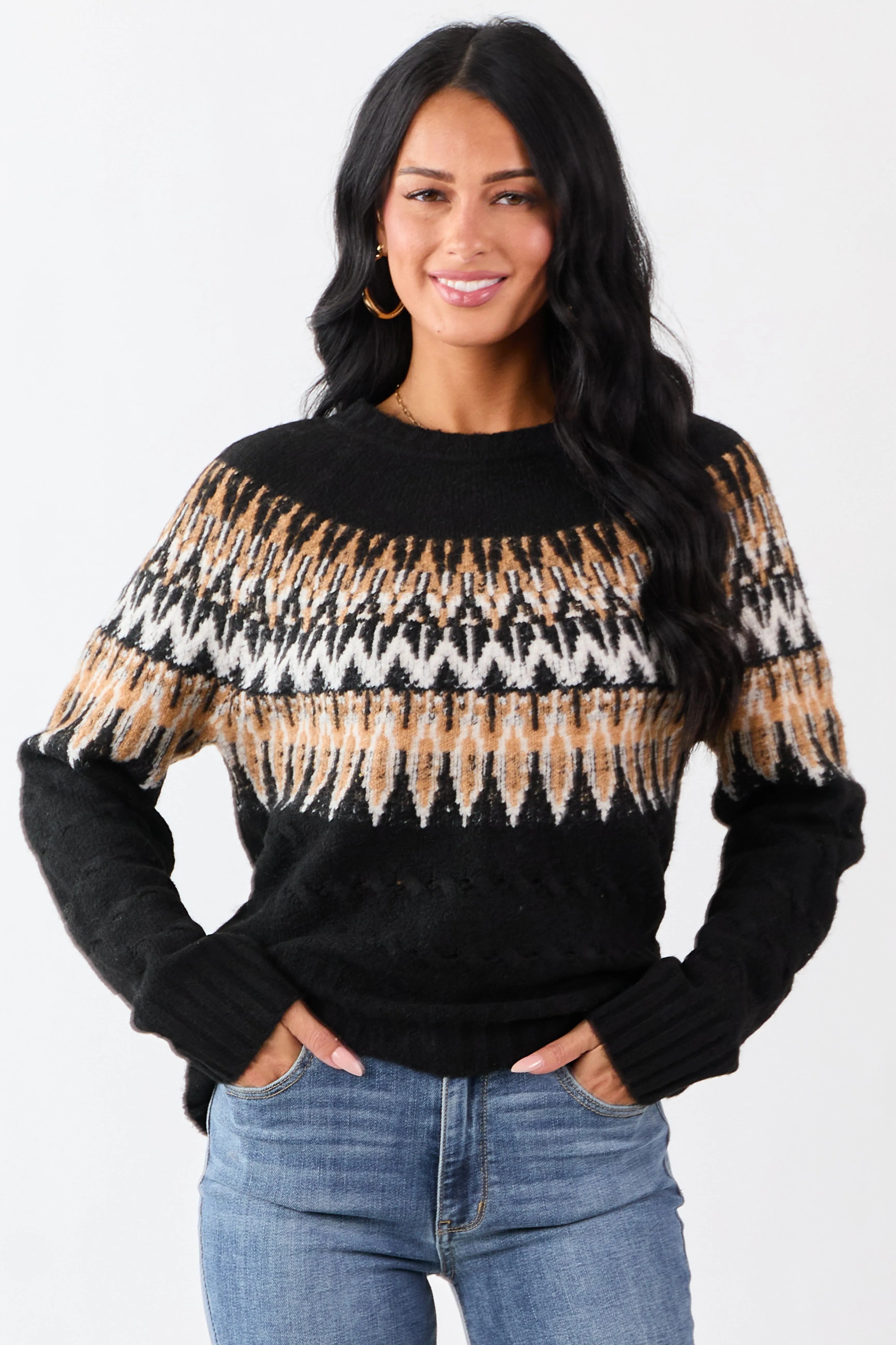 Black Cable Knit Fair Isle Pattern Relaxed Sweater sold by Lime Lush