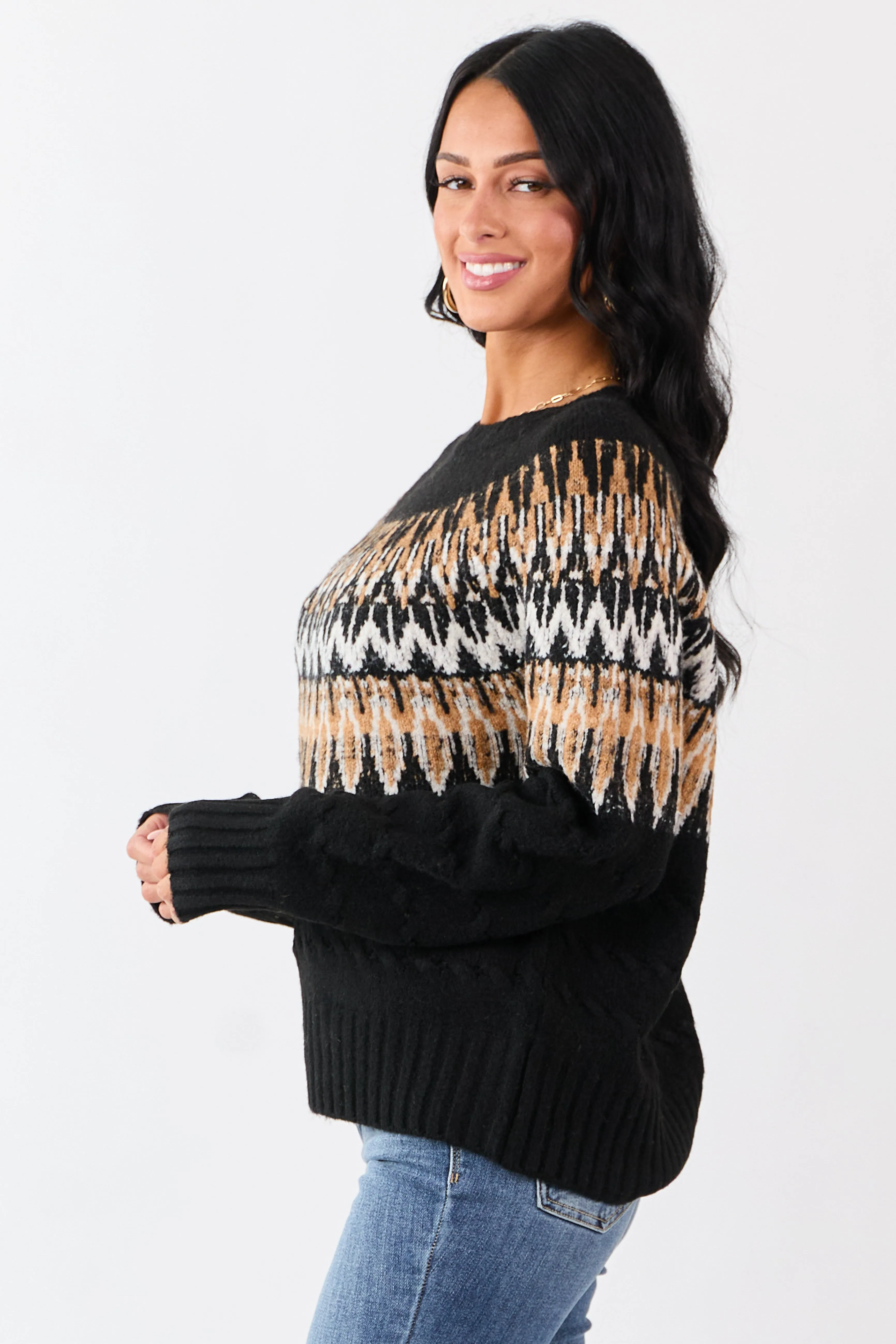 Black Cable Knit Fair Isle Pattern Relaxed Sweater sold by Lime Lush product image thumbnail 4