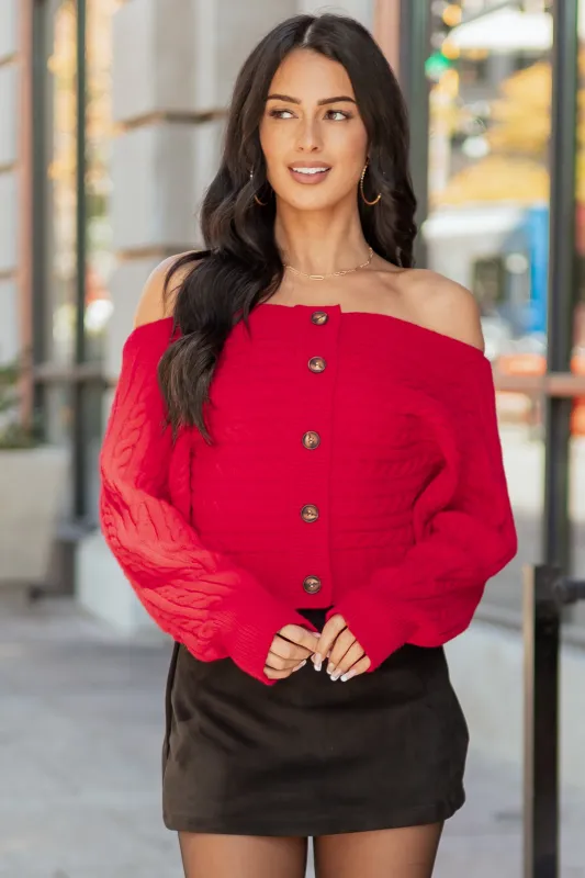 Lipstick Cable Knit Boatneck Cropped Cardigan sold by Lime Lush