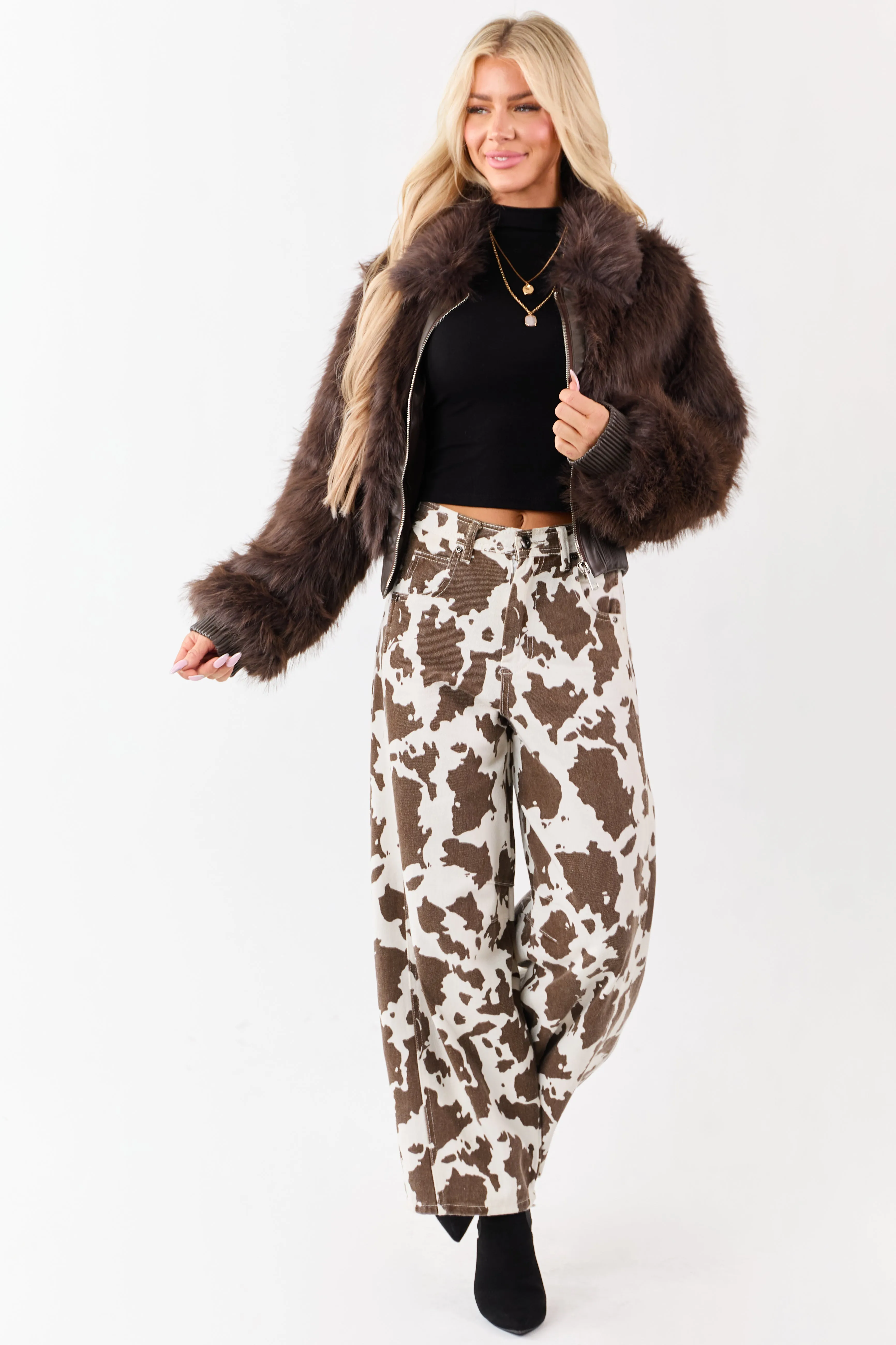 Cocoa Faux Fur Collared Zip Up Rib Trim Jacket sold by Lime Lush product image thumbnail 2