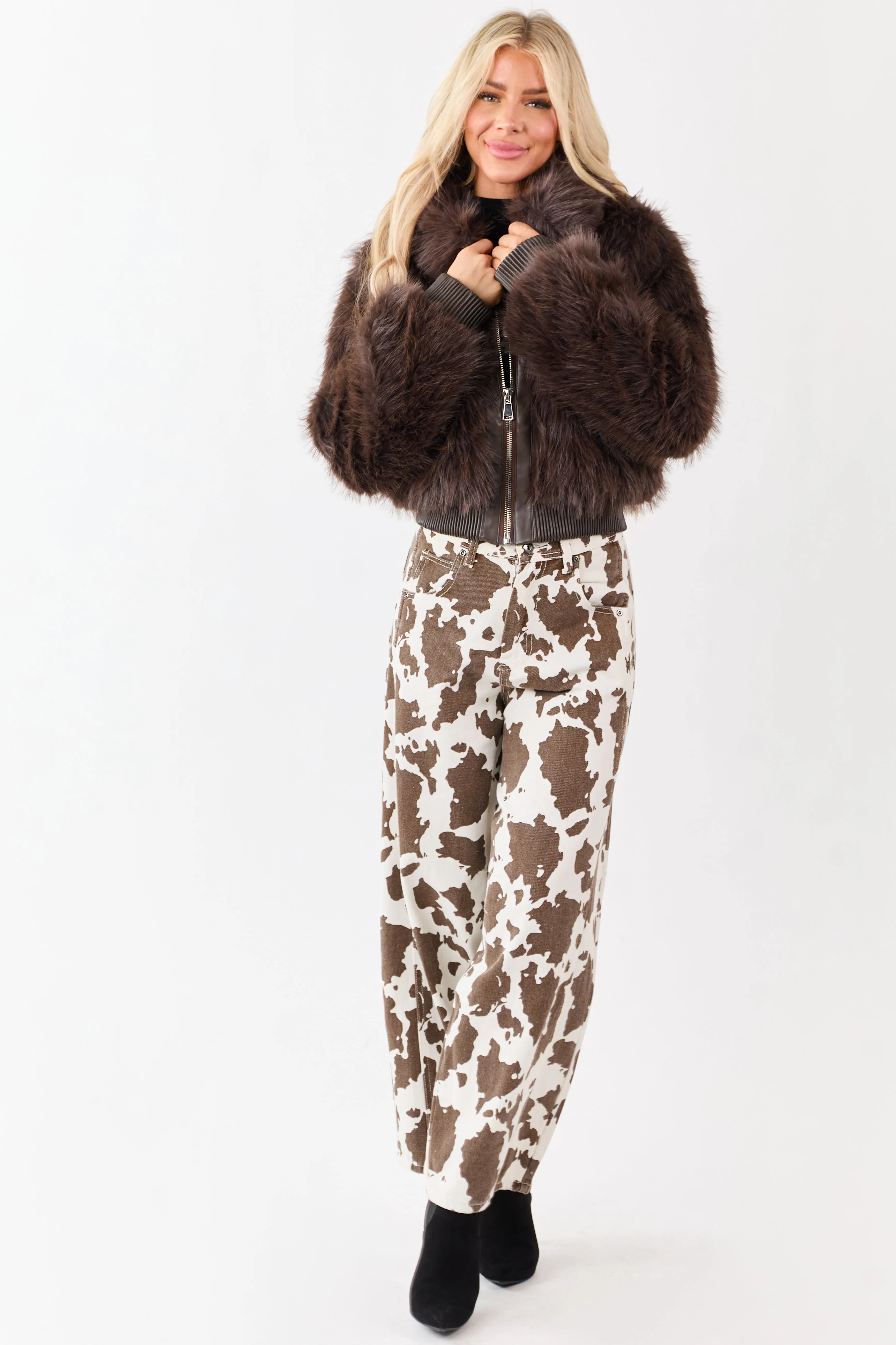 Cocoa Faux Fur Collared Zip Up Rib Trim Jacket sold by Lime Lush product image thumbnail 3