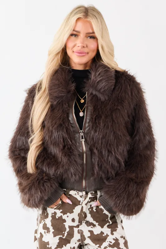 Cocoa Faux Fur Collared Zip Up Rib Trim Jacket sold by Lime Lush
