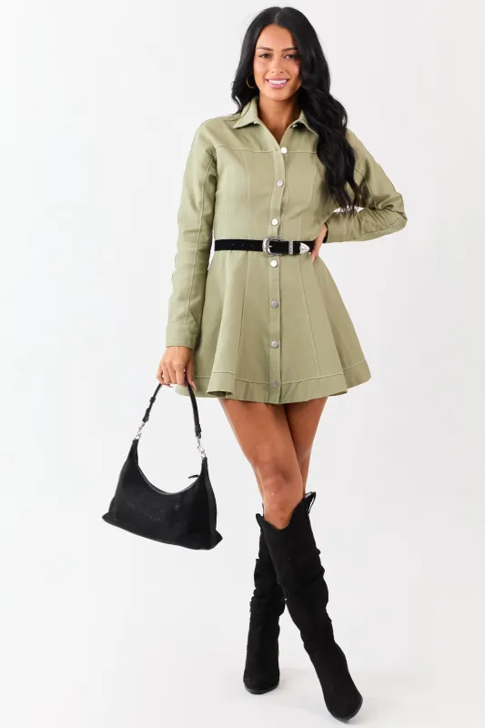 Light Olive Denim Button Down A-Line Mini Dress sold by Lime Lush