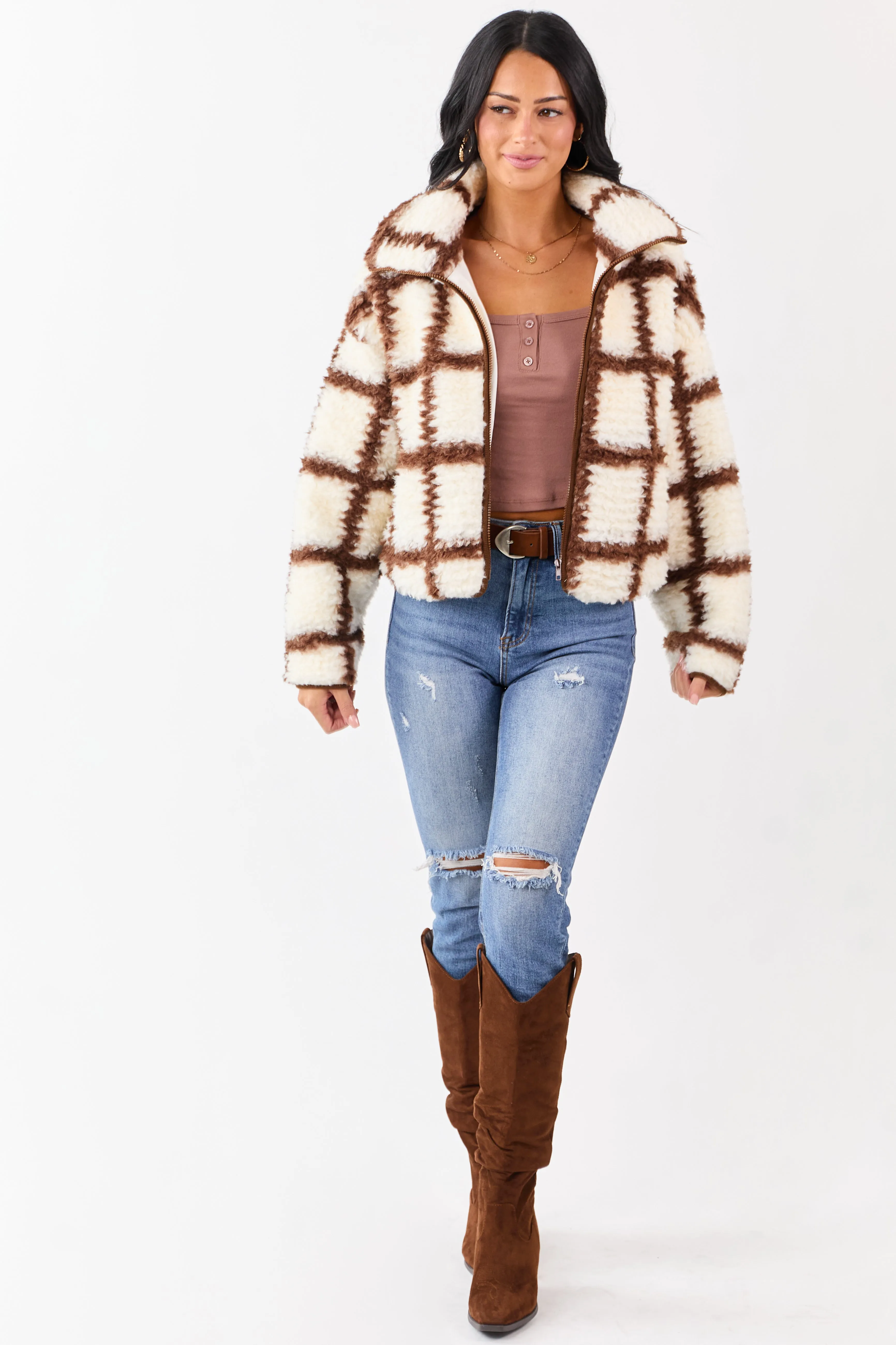 Cream Grid Pattern Collared Zip Up Sherpa Jacket sold by Lime Lush product image thumbnail 2