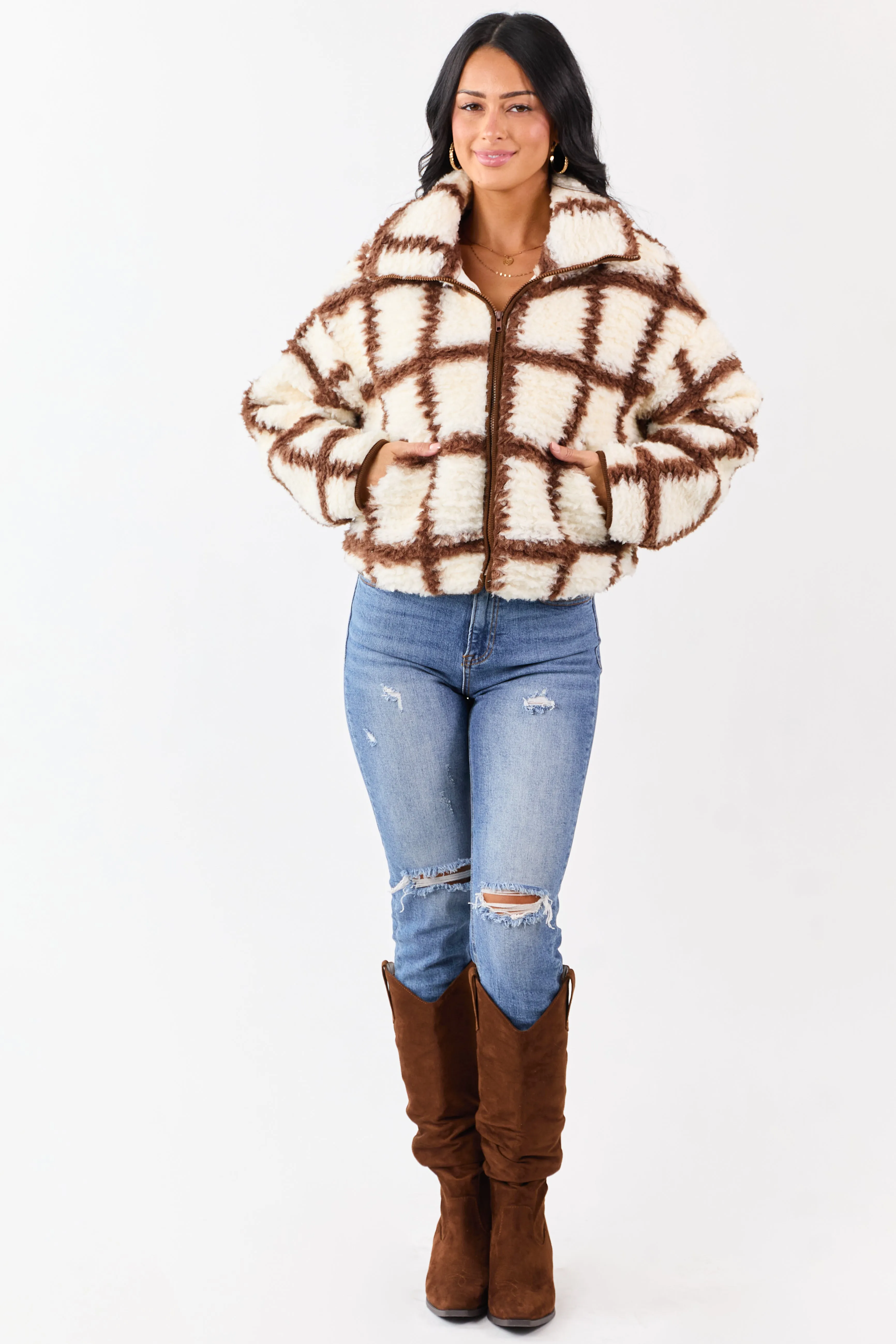 Cream Grid Pattern Collared Zip Up Sherpa Jacket sold by Lime Lush product image thumbnail 3