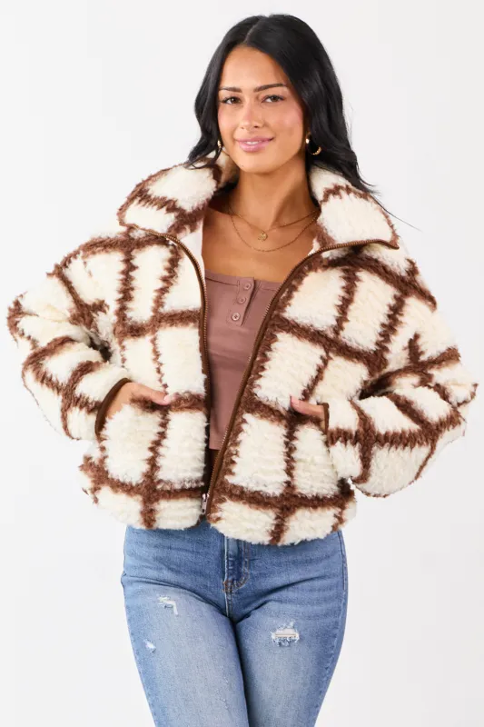 Cream Grid Pattern Collared Zip Up Sherpa Jacket made by Promesa