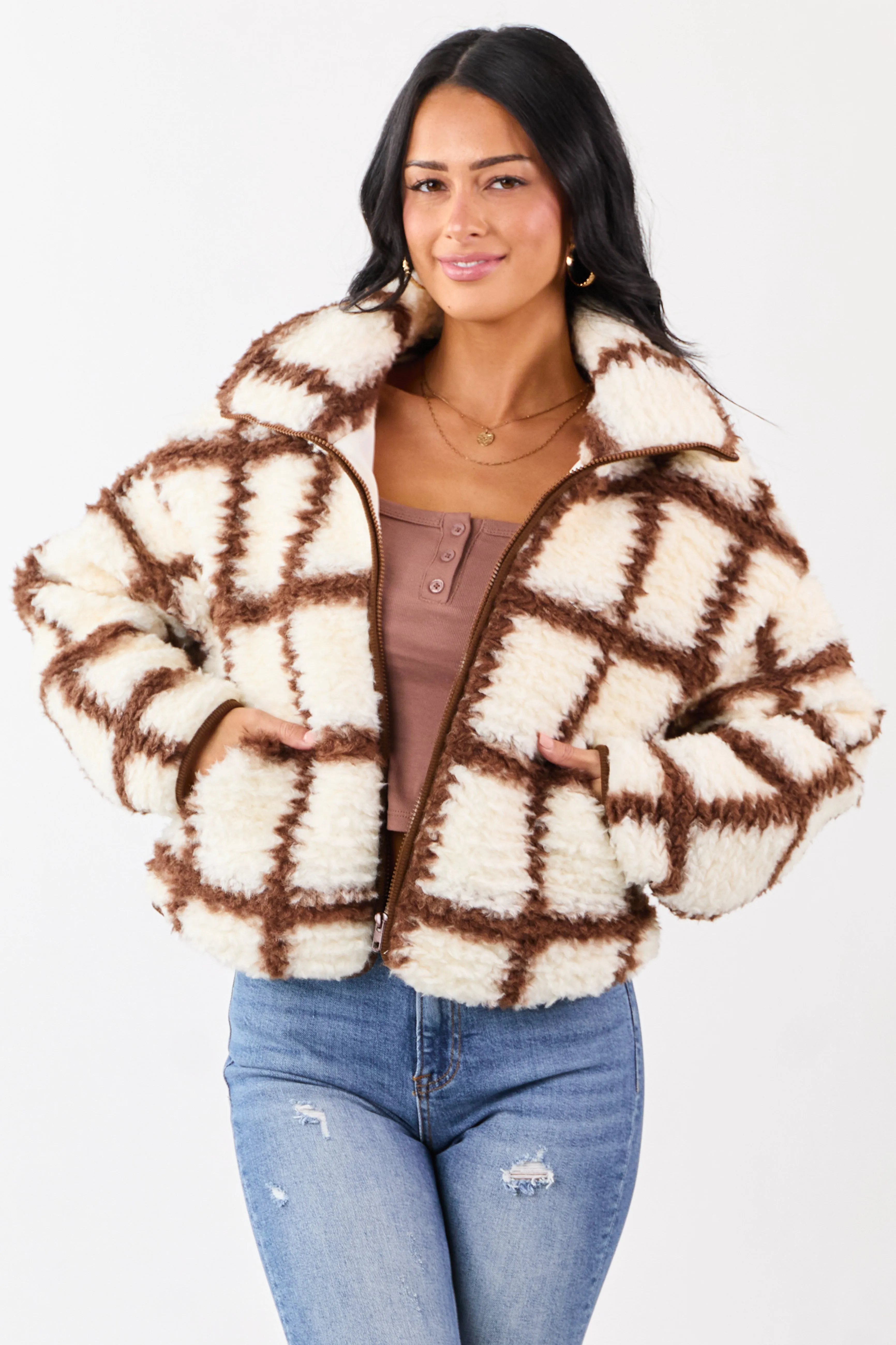 Cream Grid Pattern Collared Zip Up Sherpa Jacket sold by Lime Lush