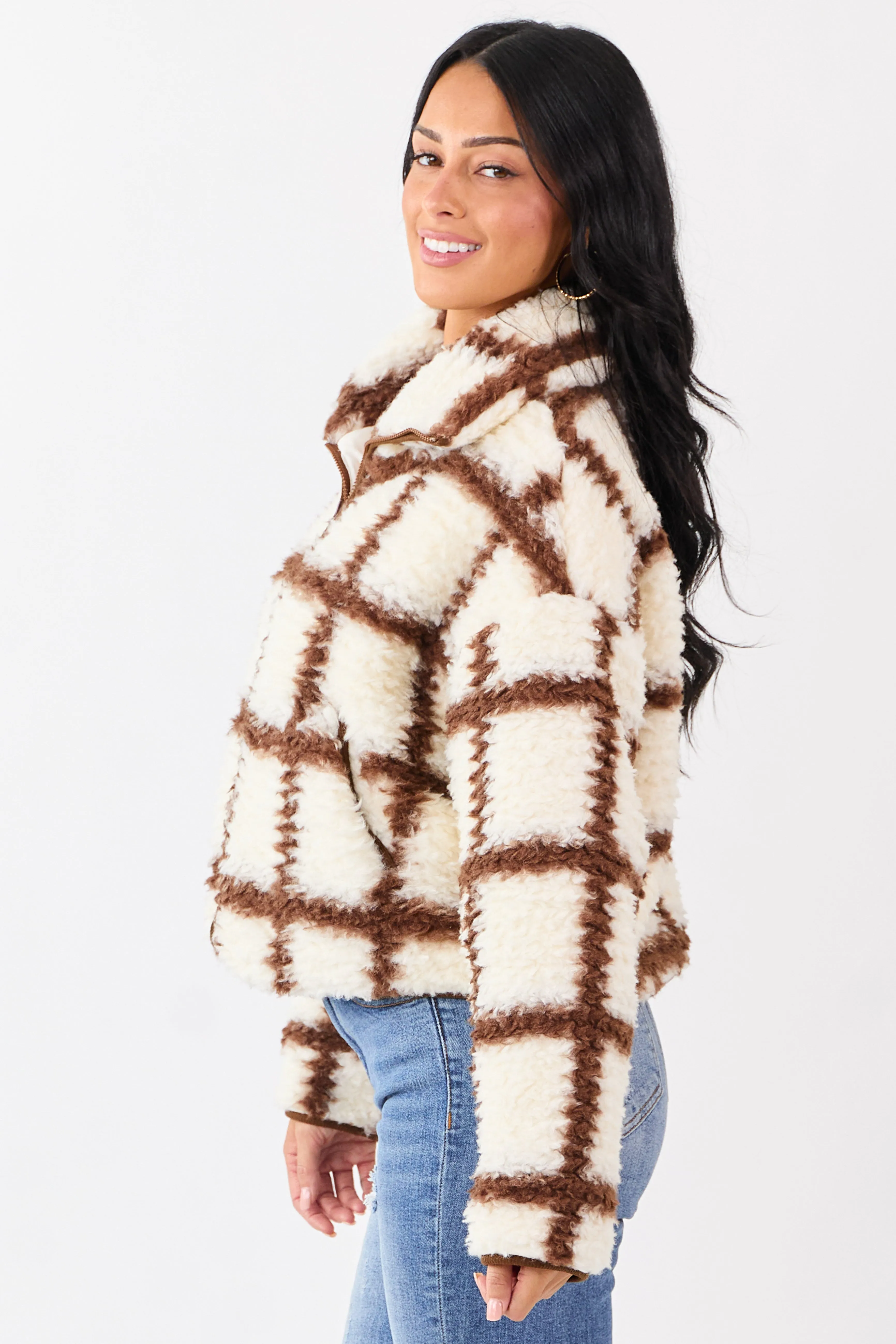 Cream Grid Pattern Collared Zip Up Sherpa Jacket sold by Lime Lush product image thumbnail 4